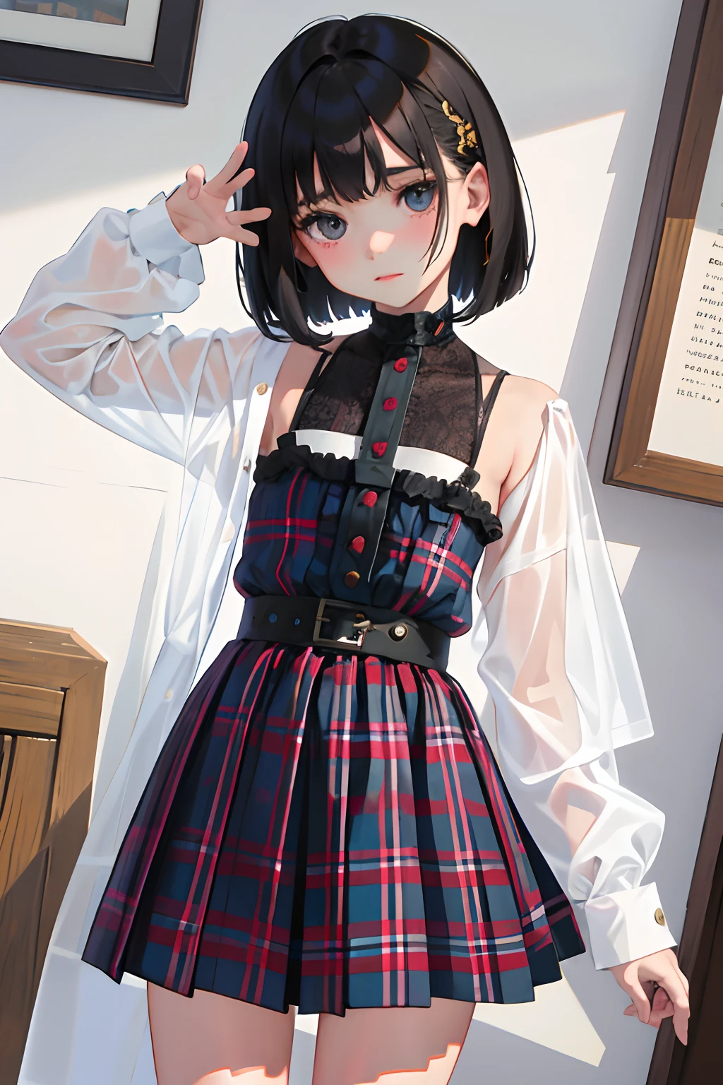 turned around，（​masterpiece，Highest Quality），(child:1.3)，Burberry Plaid Skirt，(A dark-haired，Medium bob)，embarrassed from，sleepy expression，Delicate body，petite body