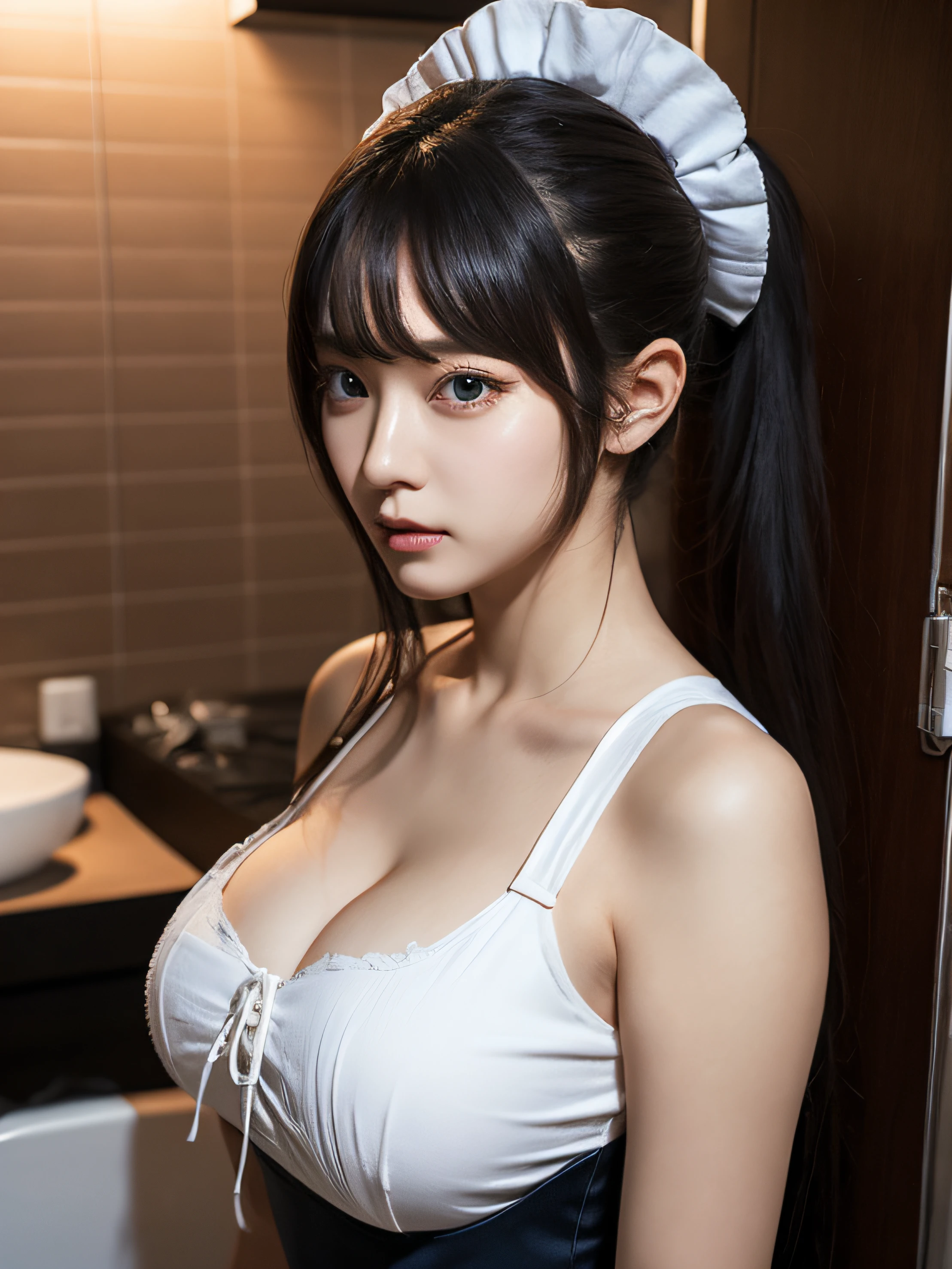 Highly detailed CG Unity 8k wallpaper, With the highest quality, super detailed, ​master piece, Realistic, photos realistic, extremely detailed cute girl, 25 years old , (Cute Maid Costume ),  blush , Round eyes, Large breasts , looking viewer, Half body shot  , (toilet) , ,  Ponytail