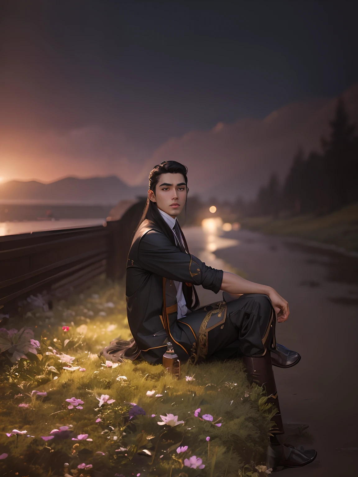 Black galses long hair adjust background handsome boy