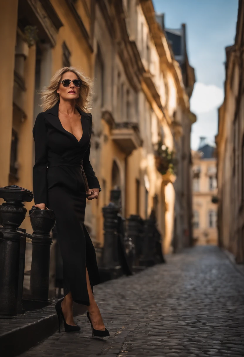 extreme Nahaufnahme einer atemberaubenden, brighten, stilvollen, arroganten, selbstbewussten, blonden, elegant top manager with beautiful legs, who walks the street in stockings and classic black high heels named Sharonah Volmariota, Drehort des Films John Wick, inspiriert von der jungen Sharon Stone im Grundinstinkt, blondes Haar, high resolution, Niedriger Winkel, Licht, das vom Sonnenuntergang kommt, 8K, Ultra-realistischeKomplizierte Details, Extrem detailliert, Unglaubliche Details, Eine Filmszene aus dem Jahr 2023, aufgenommen mit Canon EF 50mm f/1.2L USM Objektiv an einer Canon EOS 5D Mark IV Kamera, unter der regie von Derek Kolstad, Felgenbeleuchtung --Stil roh