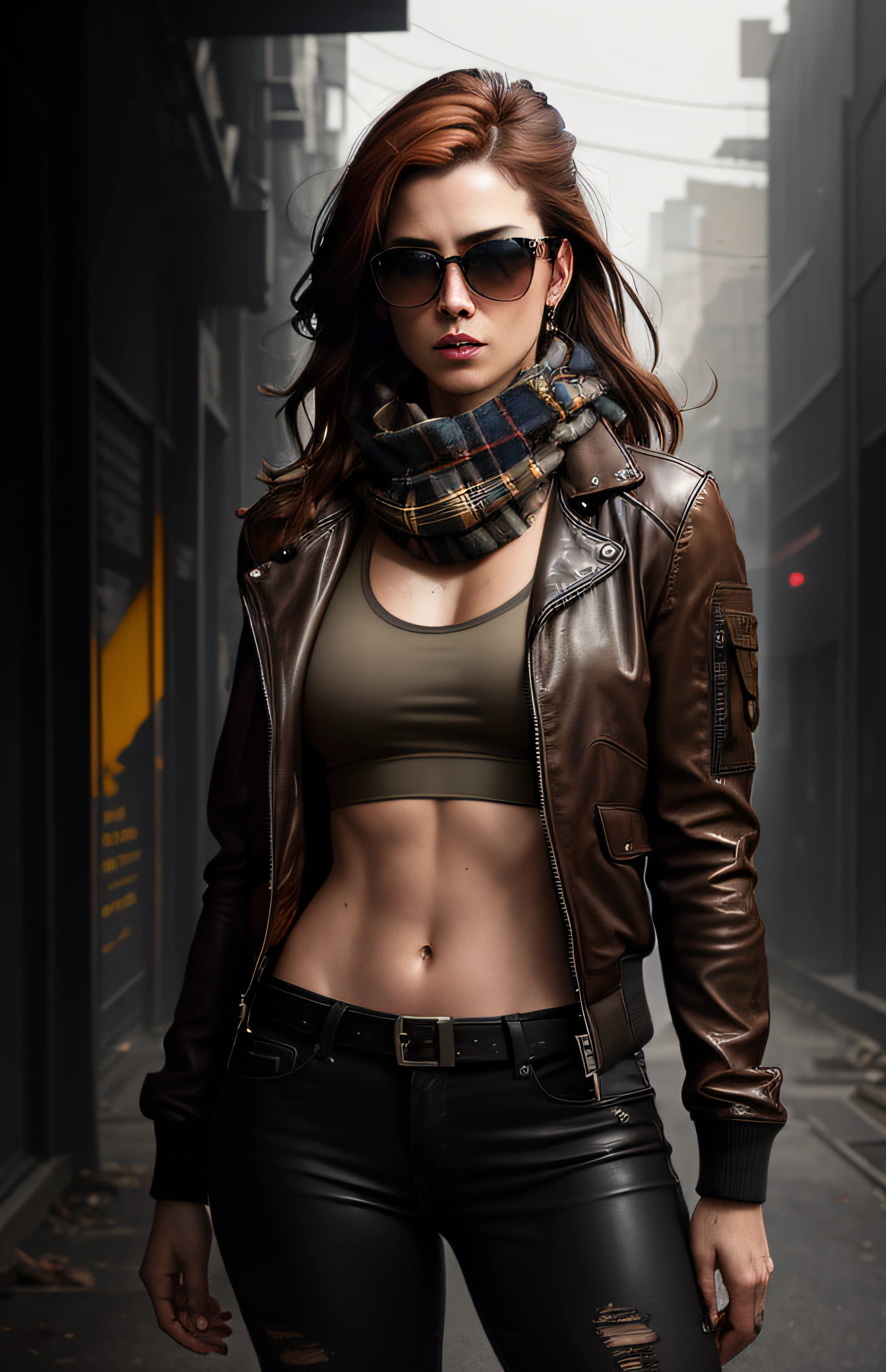 (dark shot:1.1), epic realistic, portrait of halo, athletic build, sunglasses, blue eyes, tartan scarf, (brown leather bomber jacket:1.2), (tight fitting, black, see thru tank-top:1.1) auburn hair by atey ghailan, by greg rutkowski, by greg tocchini, by james gilleard, by joe fenton, gradient yellow, black, brown and magenta color scheme, grunge aesthetic!!! graffiti tag wall background, art by greg rutkowski and artgerm, soft cinematic light, adobe lightroom, photolab, hdr, intricate, highly detailed, (depth of field:1.4), faded, (neutral colors:1.2), (hdr:1.4), (muted colors:1.2), hyperdetailed, (artstation:1.4), cinematic, warm lights, dramatic light, (intricate details:1.1), complex background, (rutkowski:0.66), (teal and orange:0.4)