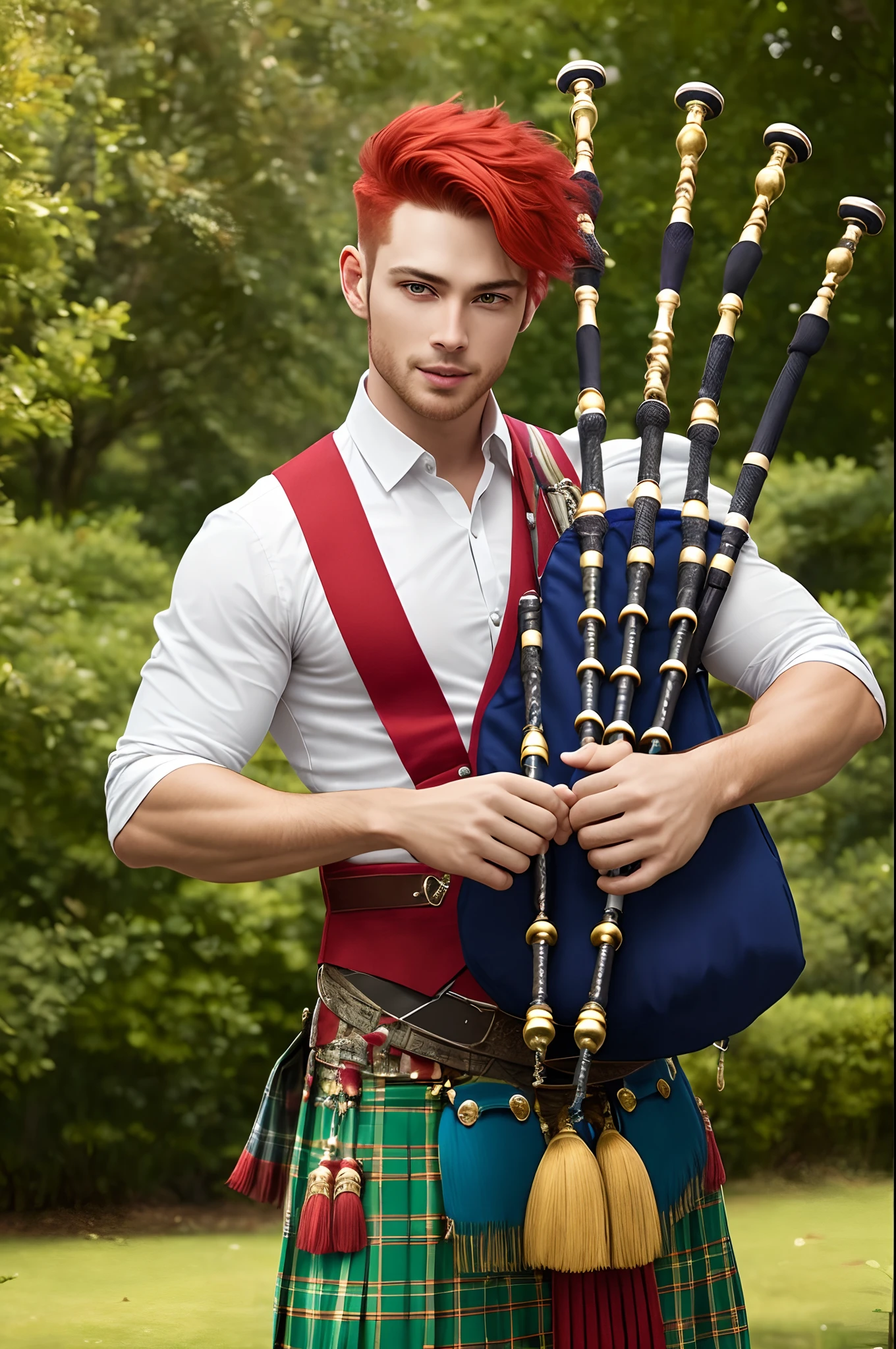 Handsome fairy with red hair playing bagpipes