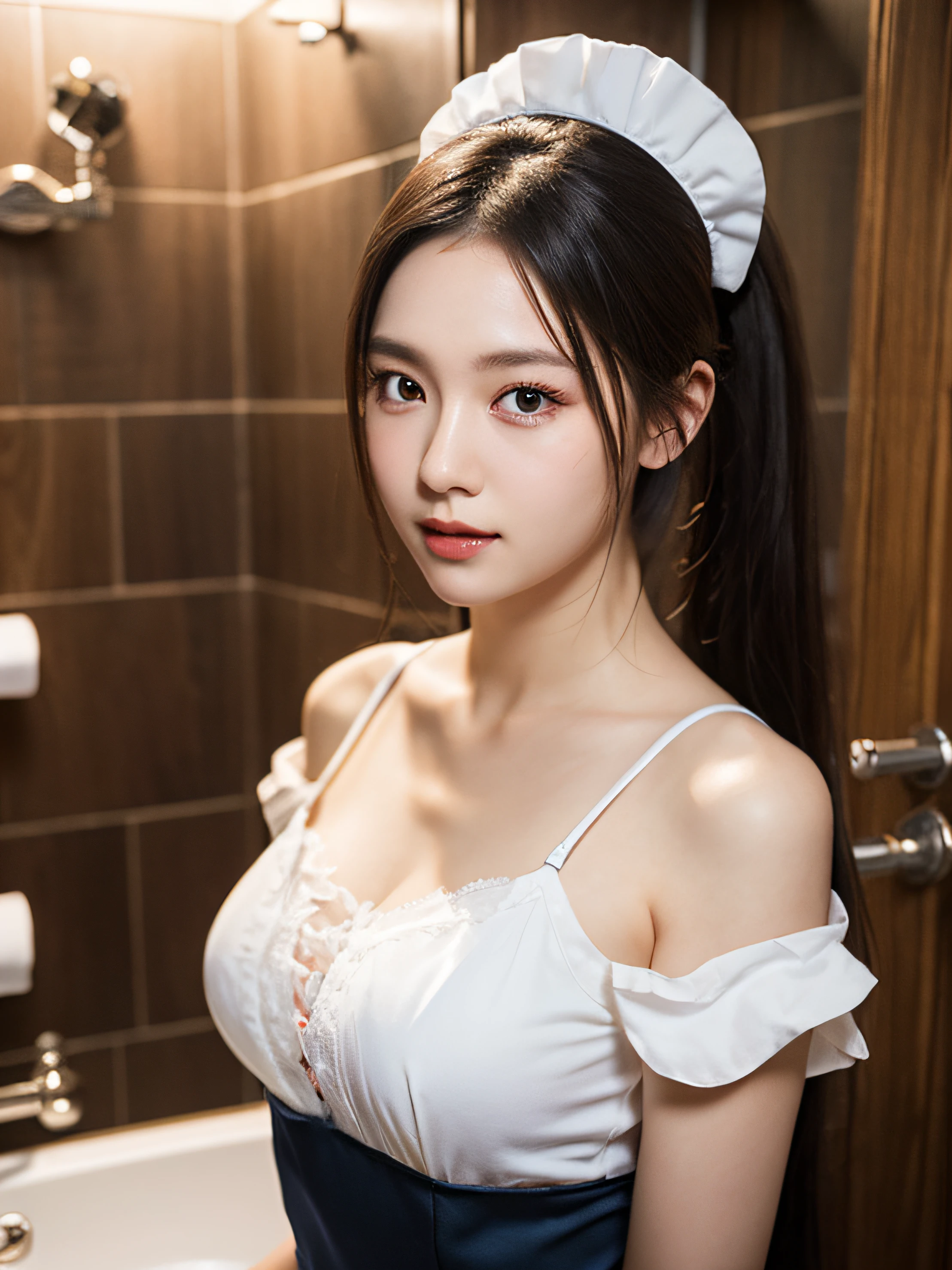 Highly detailed CG Unity 8k wallpaper, With the highest quality, super detailed, master piece, Realistic, photos realistic, extremely detailed cute girl, 25 years old , (Cute Maid Costume ), blush , Round eyes, Large breasts , looking viewer, Half body shot , (toilet) , , Ponytail