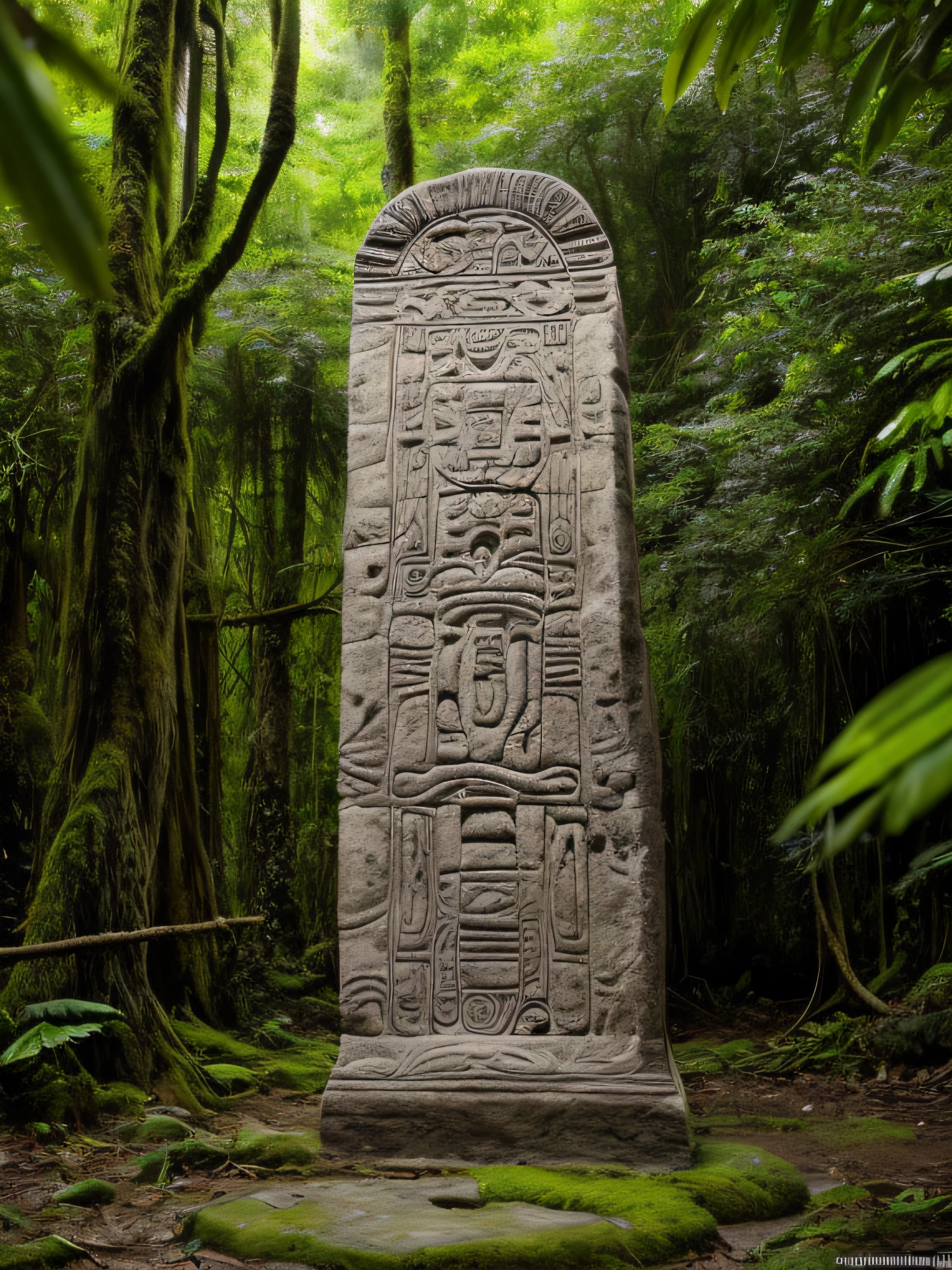 Mayan stele in the rainforest,sculpted stone,ancient civilization,historical artifact,meticulous carving,detailed hieroglyphs,moss-covered,overgrown with vines,jungle foliage,wet atmosphere,lush greenery,rich biodiversity,creeping lianas,misty atmosphere,sunlight filtering through the canopy,atmospheric perspective,mysterious ambiance,realistic vegetation,textured stone surface,weathered appearance,aged patina,deep shadows,wet raindrops,subtle reflections,rain-soaked ground,vivid colors,contrast between stone and nature,dynamic composition,expert craftsmanship,exquisite details,ancient Mayan mythology,dignified figures and gods,significant cultural symbol,timeless beauty,spiritual significance,impressive scale,awe-inspiring presence,archaeological treasure,photo-realistic,high-res,masterpiece:1.2,realistic lighting.