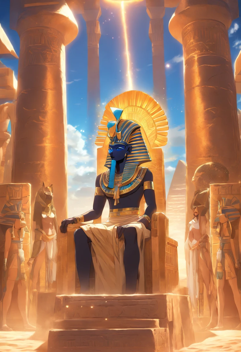 (((Atef))) best quality, very high resolution, 4K detailed CG, master piece, Egyptian mythology,Osiris, sun,Ancient Egypt, sitting,Egyptian clothes, desert,blue sky, desert, ((Sitting on throne)) , aesthetics, Beautiful image, centered on the screen