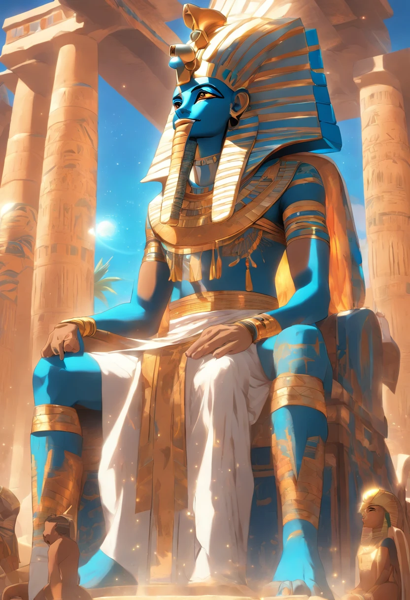 (((Atef))) best quality, very high resolution, 4K detailed CG, master piece, Egyptian mythology,Osiris, sun,Ancient Egypt, sitting,Egyptian clothes, desert,blue sky, desert, ((Sitting on throne)) , aesthetics, Beautiful image, centered on the screen