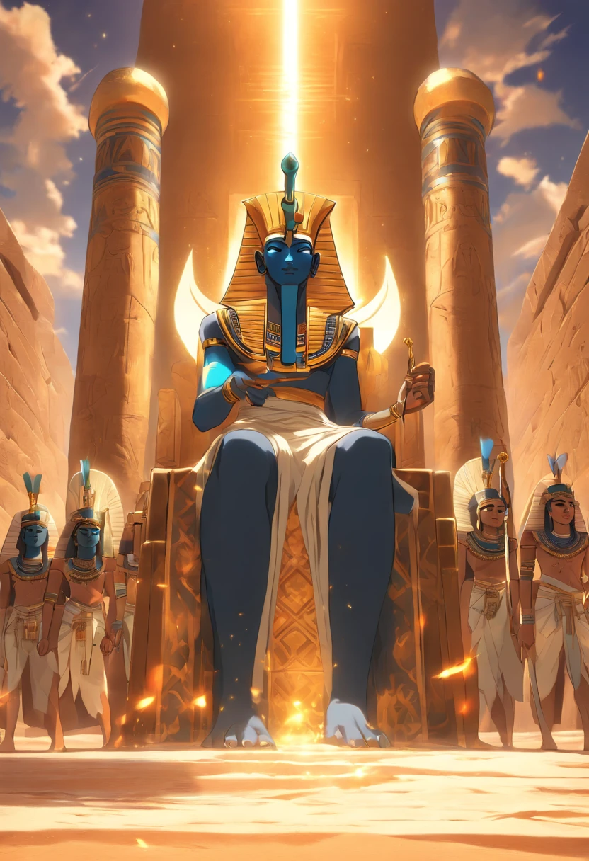 (((Atef))) best quality, very high resolution, 4K detailed CG, master piece, Egyptian mythology,Osiris, sun,Ancient Egypt, sitting,Egyptian clothes, desert,blue sky, desert, ((Sitting on throne)) , aesthetics, Beautiful image, centered on the screen