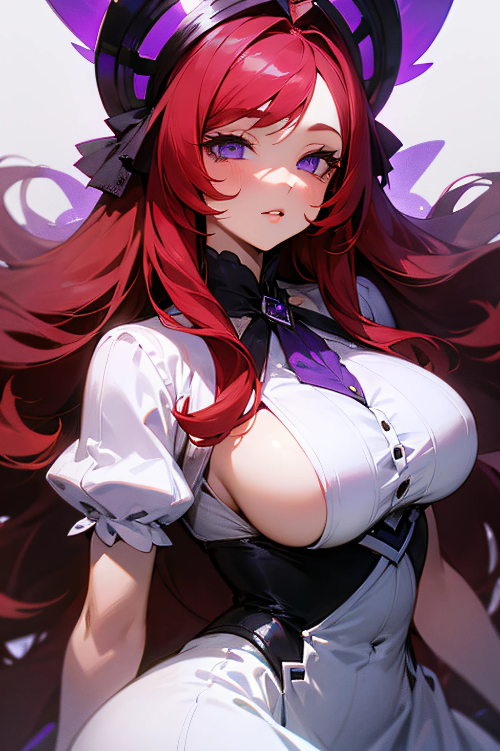 1girl, crimson hair, violet eyes, dress white, voluptuous