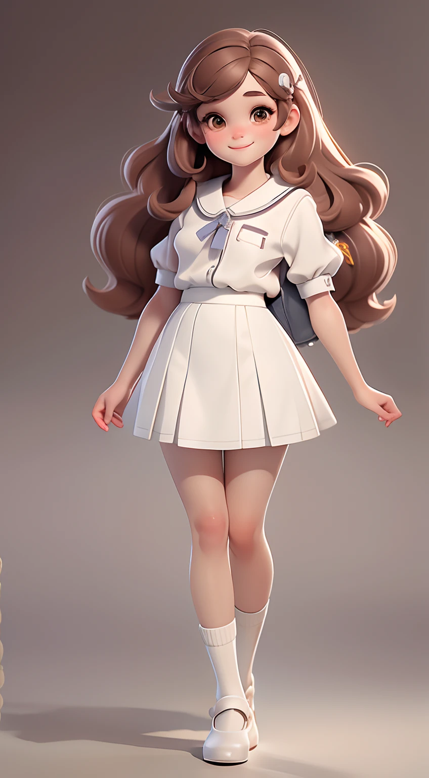 masterpiece, best quality, detailed face, bright eyes, detailed nose, 1 cute girl smiling, white schoolgirl skirt, backpack, stand up, brown hair, young pretty gravure idol, (white socks), PUMPS, of a youthful girl, ((full body)), Be sure to add shadows, textures and details to the hair, clothes, complete