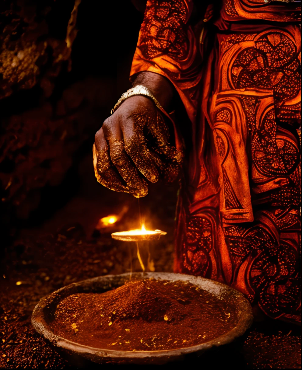 Um homem jogando farinha em uma vasilha de barro, afrofuturism, orisha, ultra quality, intricate details