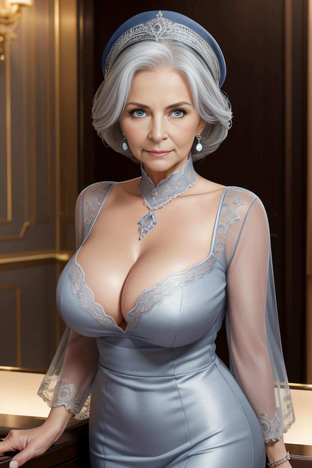 portrait of a 80-year-old woman with gray hair, seductive gaze, medium shortly old gray hair, blue eyes, a lot of wrinkles on her face, old woman, detailed wrinkles (8K, high resolution、The ultra quality, Ultrarealistic、Best Quality)(medium chest、Large cleavage:1.2) medium breasts are exposed、(Old women in Europe) proper eye position,cinematic light, , soft light, detailed background, clear background, milf, highly detail, 8k, ultra detailed background, detailed background, showing full body, full body, full body visible, perfect visible background, hotel reception, expensive hotel, luxury hotel, staff clothing, reception desk, staff hat on the head, uniform high neckline