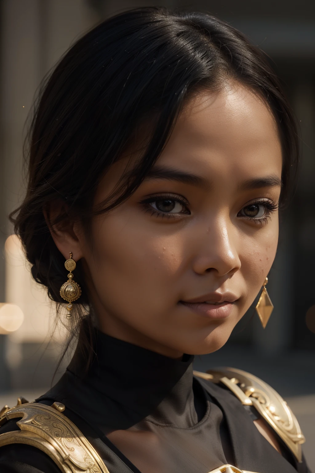 Photograph of a beautiful girl, dans la ville, porter un haut noir, jouissant, fille, 夏天, fille chaude, (((very heavy bust))), cheveux bruns, long_cheveux, Look into the camera, symmetrical face, photoreallistic, photographie, Spectacular lighting,, magnifique, clivage, Asiantic and Black skin puts eyes pulled, (Masterpice), Best quality, High resolution, Extremely detailed, peau avec pores, blurred background, profondeur de champ, lighting cinematic