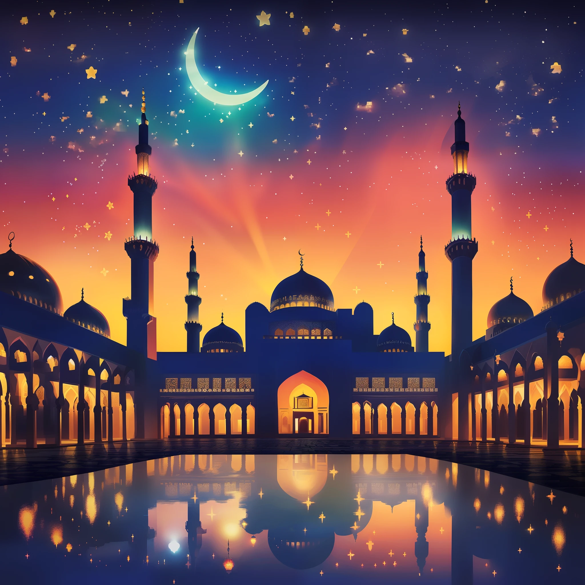 a painting of a mosque with a crescent and stars in the sky, arabian night, arabian nights, arabian art, with beautiful mosques, mosque, background artwork, arabian nights inspired, background art, ethereal starlit city at sunset, holy city | illustration, shutterstock, islamic art, islamic, moroccan mosque, 1001 nights, moonlit backdrop