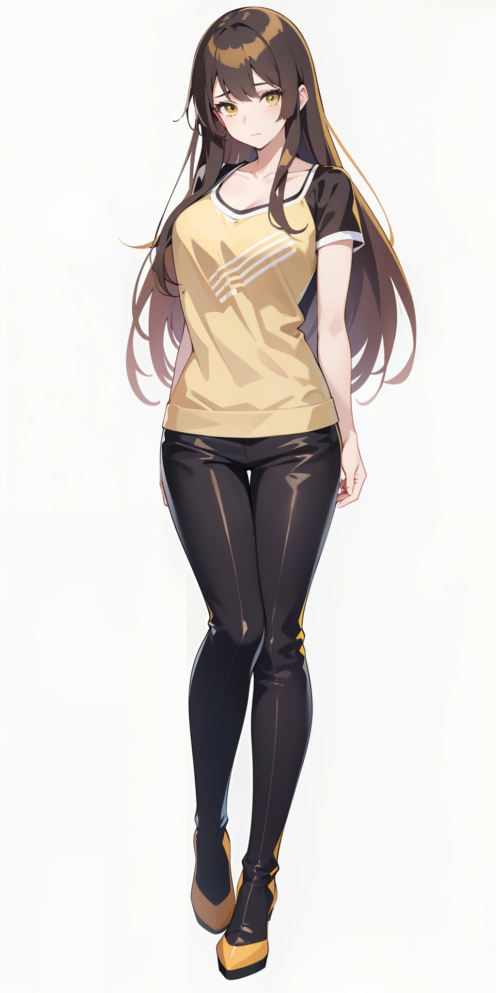 ((Best quality)), anime girl with long hair and black pants in yellow top, !!full body portrait!!, fullbody portrait, anime full body illustration, full body portrait of a short!, smooth anime cg art, single character full body, full body illustration, official character art, full body character portrait, full body picture, full-body character portrait, character full body portrait