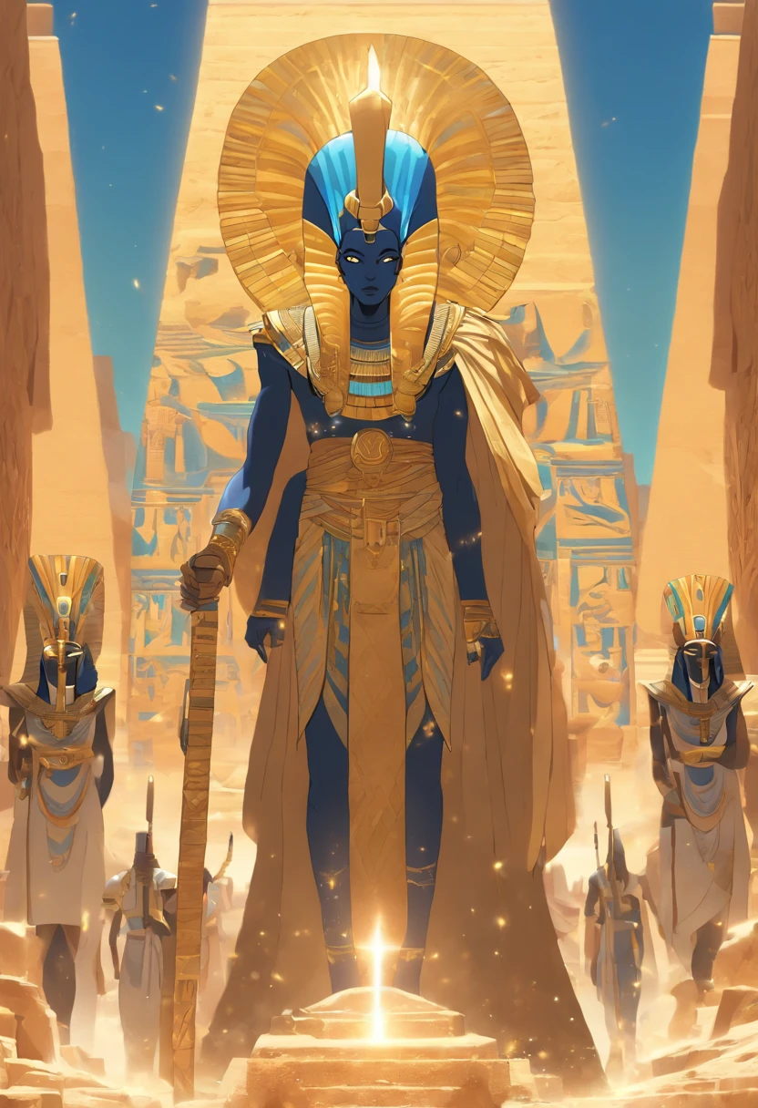 (((Osiris using an ATEF))) best quality, very high resolution, 4K detailed CG, master piece, Egyptian mythology,Osiris, god of the dead,Egyptian temple,Egyptian clothes, desert,blue sky, ((Standing)) , aesthetics, Beautiful image, centered on the screen