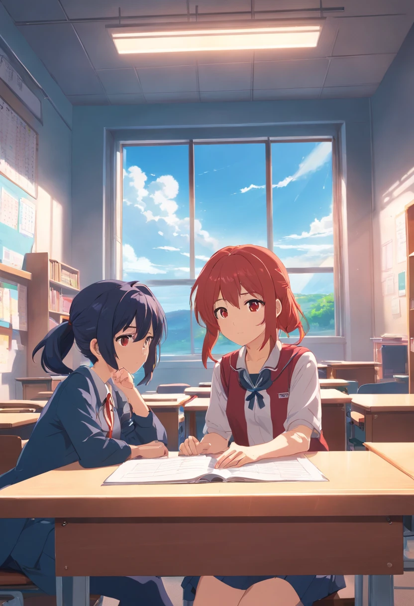 two girls,Long black and red hair of anime girl sitting on different desk in classroom in school uniform,Crawl on the table to sleep,Next to her was another girl with long blonde hair. , in school uniform,There are stacked books in front,The sun is shining outside the window, looking at viewer