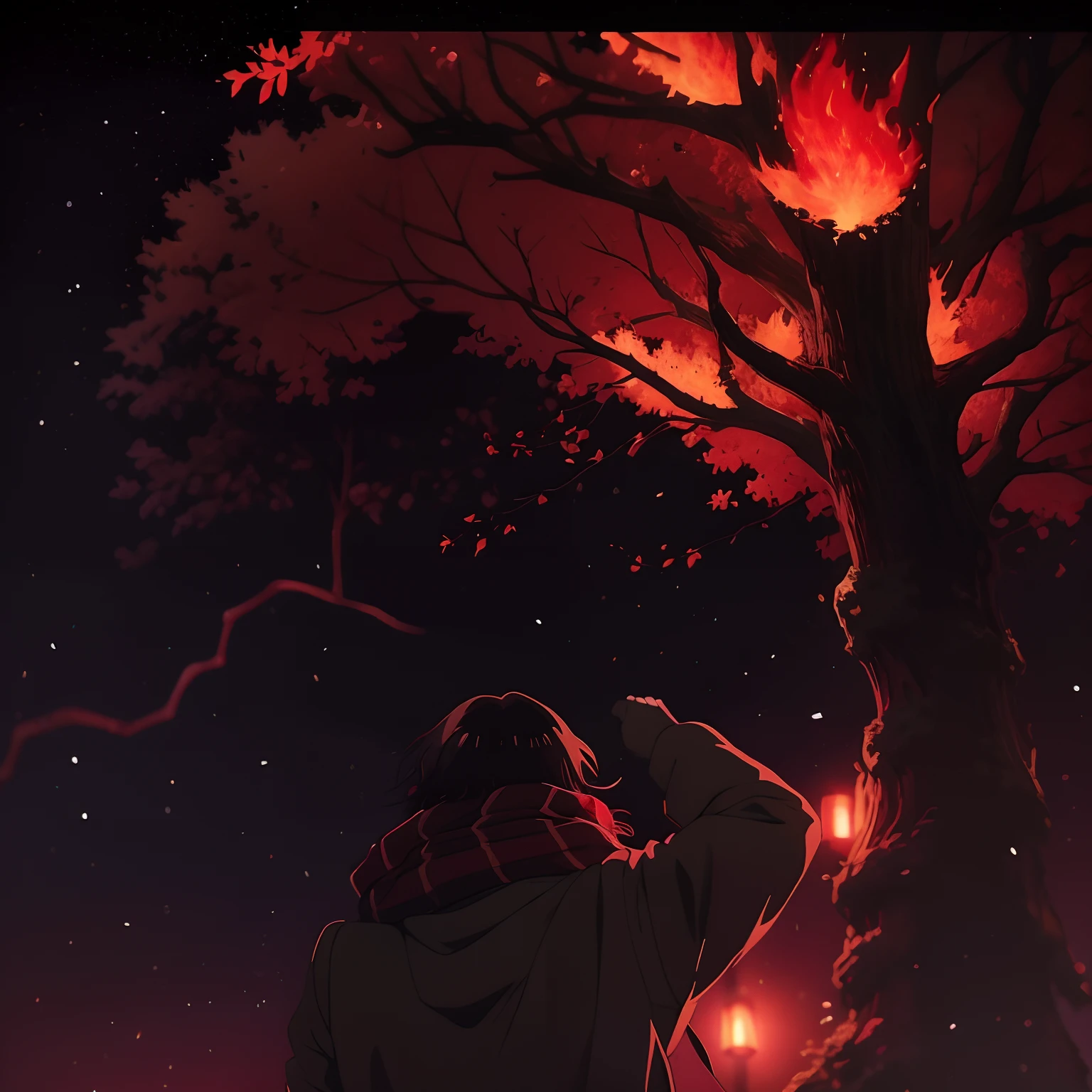 art of Akira Asai under a tree at night, (1girl), manga style, (red and black), silhouette, tree, (fire), lights, sharp contrast, (dark), windy, (winter), scarf, coat, small pupils, monochrome, anime style