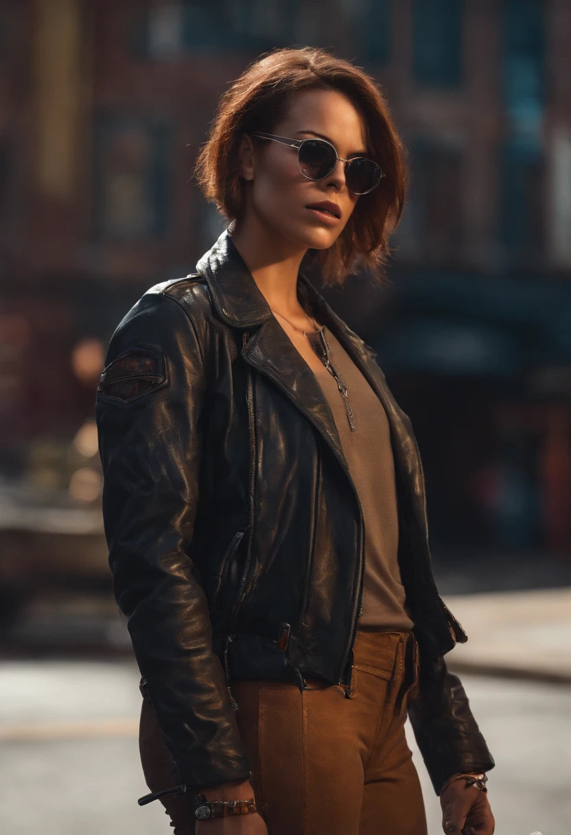 (dark shot:1.1), epic realistic, portrait of halo, female; athletic build, sunglasses, blue eyes, tartan scarf, (brown leather bomber jacket:1.2), (tight fitting, black, see thru tank-top:1.1) auburn hair by atey ghailan, by greg rutkowski, by greg tocchini, by james gilleard, by joe fenton, gradient yellow, black, brown and magenta color scheme, grunge aesthetic!!! graffiti tag wall background, art by greg rutkowski and artgerm, soft cinematic light, adobe lightroom, photolab, hdr, intricate, highly detailed, (depth of field:1.4), faded, (neutral colors:1.2), (hdr:1.4), (muted colors:1.2), hyperdetailed, (artstation:1.4), cinematic, warm lights, dramatic light, (intricate details:1.1), complex background, (rutkowski:0.66), (teal and orange:0.4)