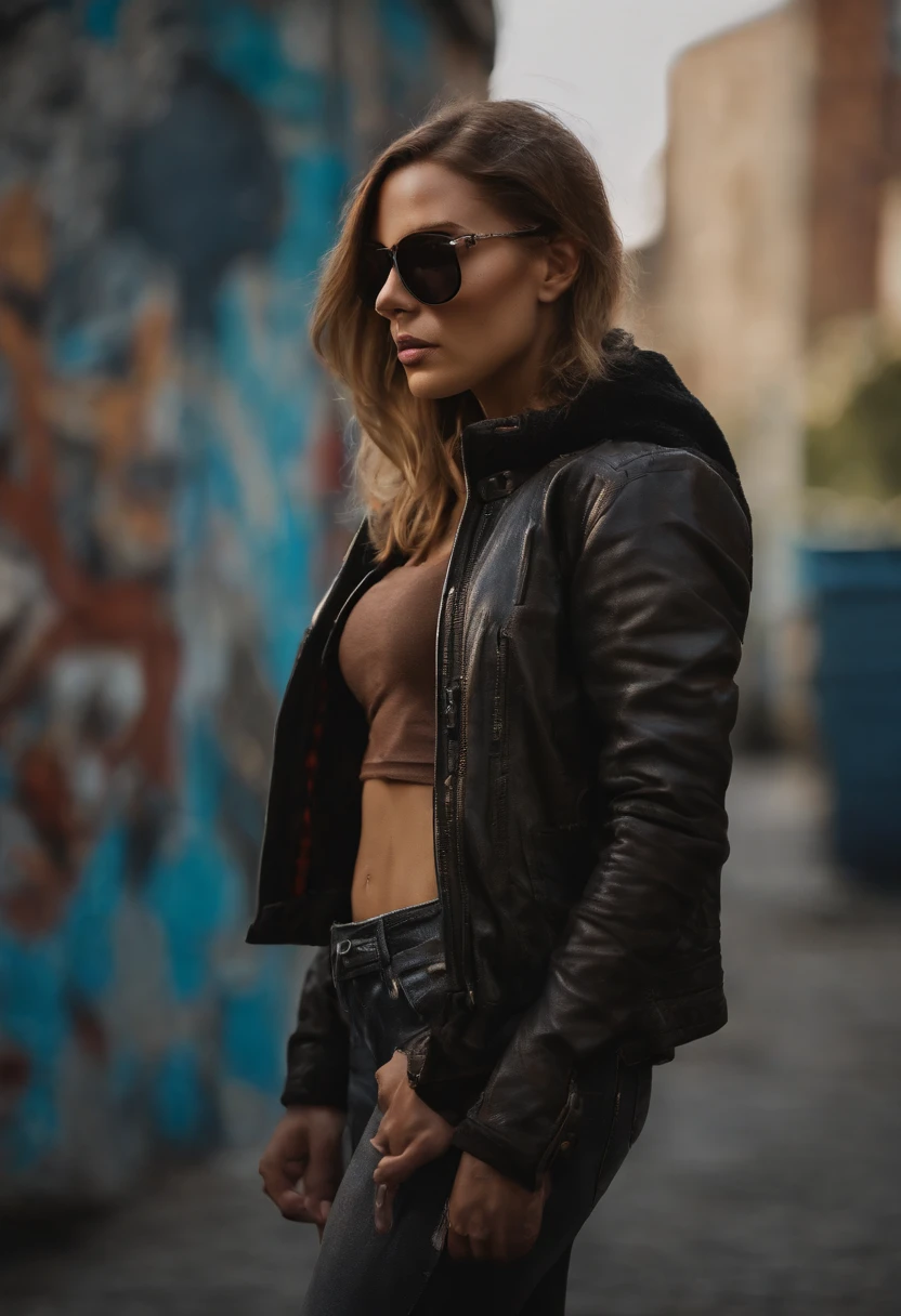 (dark shot:1.1), epic realistic, portrait of halo, female; athletic build, sunglasses, blue eyes, tartan scarf, (brown leather bomber jacket:1.2), (tight fitting, black, see thru tank-top:1.1) auburn hair by atey ghailan, by greg rutkowski, by greg tocchini, by james gilleard, by joe fenton, gradient yellow, black, brown and magenta color scheme, grunge aesthetic!!! graffiti tag wall background, art by greg rutkowski and artgerm, soft cinematic light, adobe lightroom, photolab, hdr, intricate, highly detailed, (depth of field:1.4), faded, (neutral colors:1.2), (hdr:1.4), (muted colors:1.2), hyperdetailed, (artstation:1.4), cinematic, warm lights, dramatic light, (intricate details:1.1), complex background, (rutkowski:0.66), (teal and orange:0.4)