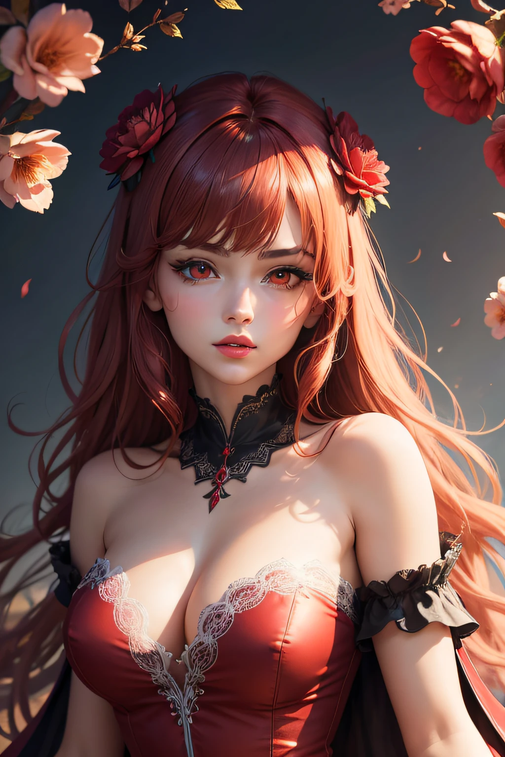 (Masterpiece),(Best quality:1.0), (ultra highres:1.0), detailed illustration, 8k, Anime, 1fille, beautiful anime girl, portant une robe rouge, Couronne de fleurs, joli visage, Detailed face, beaux yeux, detailled eyes, Dark red eyes, bright red lips, red lipstick, beautiful elegant hair, Faits saillants dans les cheveux, Style Anime Bangs, Best quality, Dynamique