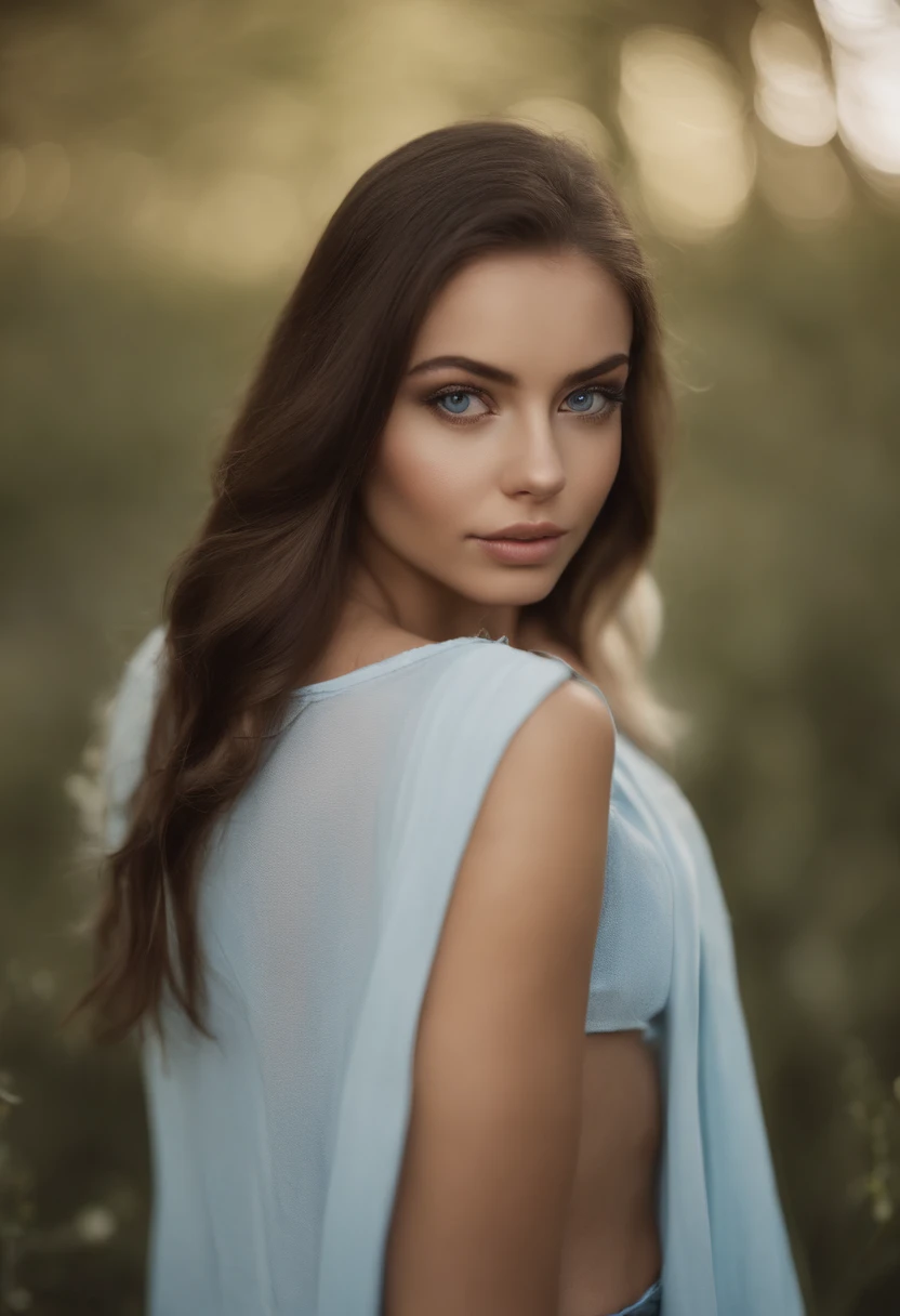 arafed woman with no top and panties, sexy girl with blue eyes, portrait sophie mudd, brown hair and large eyes, selfie of a young woman, bedroom eyes, violet myers, without makeup, natural makeup, looking directly at the camera, face with artgram, subtle makeup, stunning full body shot, cleavage, in a field of bluebells