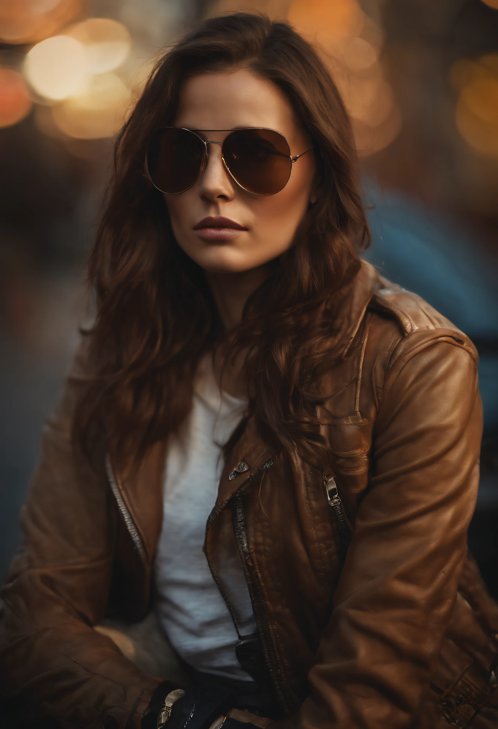 (dark shot:1.1), epic realistic, portrait of halo, female; athletic build, sunglasses, blue eyes, tartan scarf, (brown leather bomber jacket:1.2), (tight fitting, black, see thru tank-top:1.1) auburn hair by atey ghailan, by greg rutkowski, by greg tocchini, by james gilleard, by joe fenton, gradient yellow, black, brown and magenta color scheme, grunge aesthetic!!! graffiti tag wall background, art by greg rutkowski and artgerm, soft cinematic light, adobe lightroom, photolab, hdr, intricate, highly detailed, (depth of field:1.4), faded, (neutral colors:1.2), (hdr:1.4), (muted colors:1.2), hyperdetailed, (artstation:1.4), cinematic, warm lights, dramatic light, (intricate details:1.1), complex background, (rutkowski:0.66), (teal and orange:0.4)