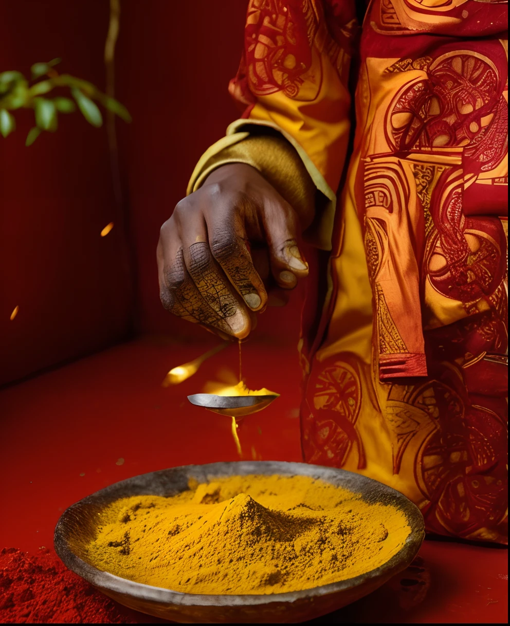 Um homem com roupa vermelha jogando farinha amarela em uma vasilha de barro, afrofuturism, orisha, ultra quality, intricate details, putting a handful of yellow powder in a bowl, Joias africanas intrincadas, red aesthetic