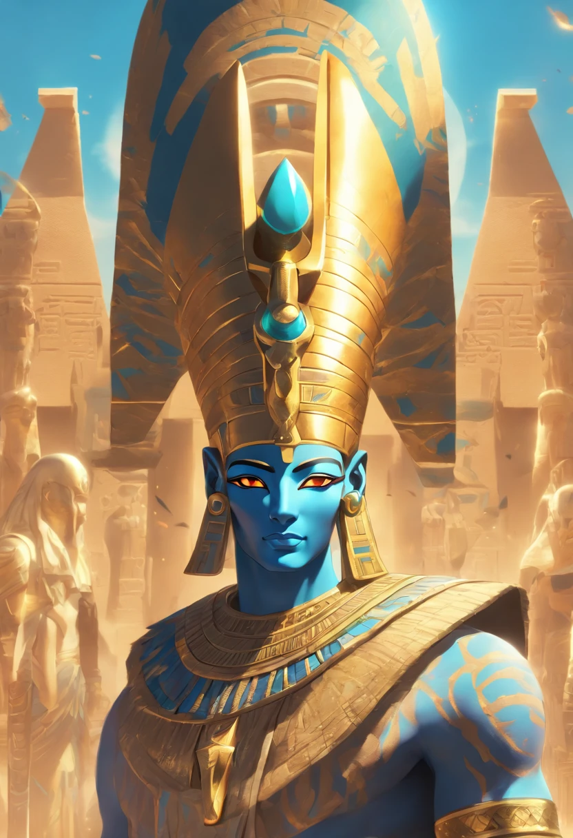 (((Osiris wearing a crown))) best quality, very high resolution, 4K detailed CG, master piece, Egyptian mythology,Osiris, pharaoh's crown,Egyptian temple,Egyptian clothes, desert,blue sky, ((Standing)) , aesthetics, Beautiful image, centered on the screen