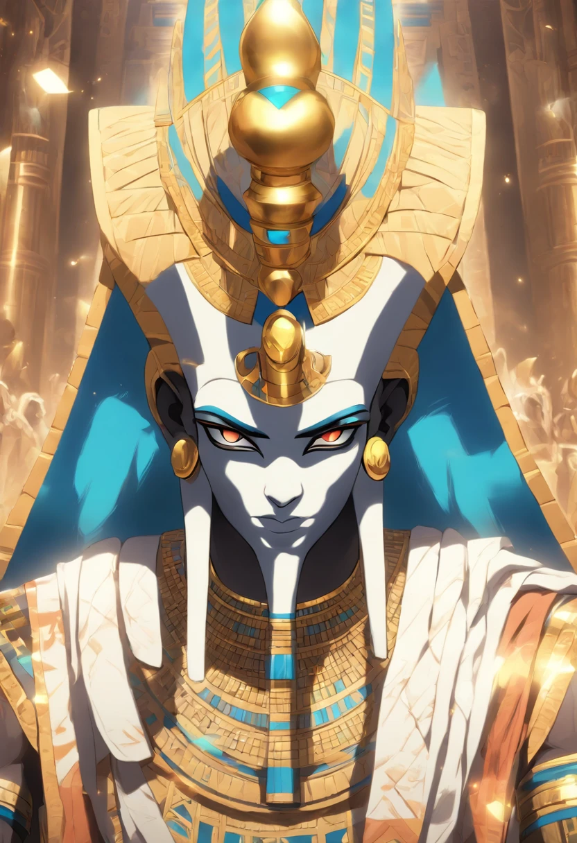 (((Osiris wearing a crown))) best quality, very high resolution, 4K detailed CG, master piece, Egyptian mythology,Osiris, pharaoh's crown,Egyptian temple,Egyptian clothes, desert,blue sky, ((Standing)) , aesthetics, Beautiful image, centered on the screen