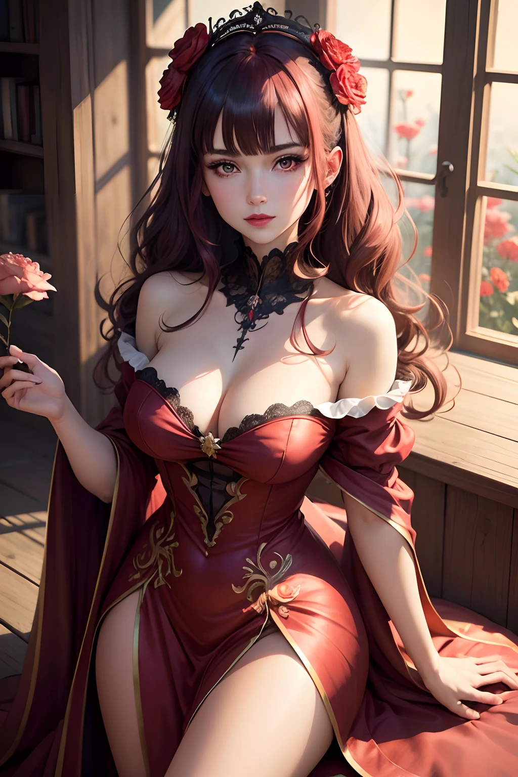 (Masterpiece),(Best quality:1.0), (ultra highres:1.0), detailed illustration, 8k, Anime, 1fille, beautiful anime girl, portant une robe rouge, Couronne de fleurs, joli visage, Detailed face, beaux yeux, detailled eyes, Dark red eyes, bright red lips, red lipstick, beautiful elegant hair, Faits saillants dans les cheveux, Style Anime Bangs, Best quality, Dynamique