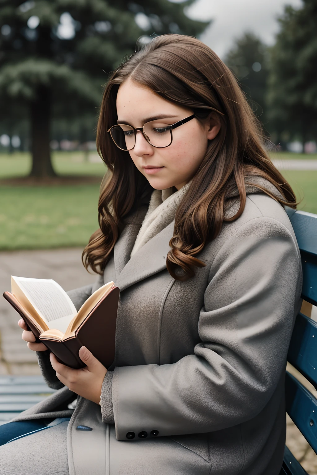 close up, portrait of a girl with glasses, brown hair, long hair, curly hair, freckles, ((chubby)), blue coat, reading a book, sitting on a park bench, cloudy day, soft light, grey sky