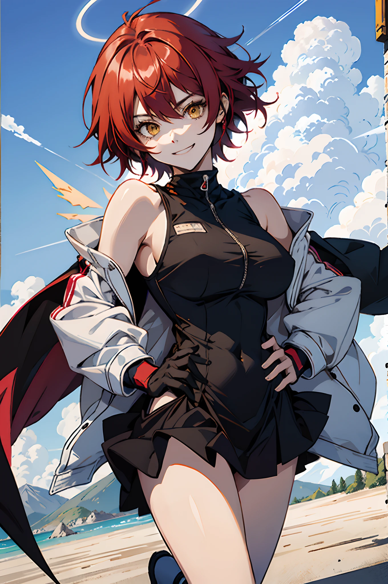 Pure sky，Plump legs，Anime girl standing gracefully on the ground，Black cape and red hair, rogue anime girl, Anime girl standing, Wearing a cloak on the blasted plain, asuka suit under clothes!, angel girl, badass posture, mechanic punk outfit, anime styled 3d, render of a cute 3d anime girl, gapmoe yandere grimdark, Female character，musculature，Abs，glowing bright yellow eyes，Bright red hair，short detailed hair，Dull hair，（Muscle 2.0），Tomboyish，Be red in the face，looking at viewert，Elaborate Eyes，huge tit，1.5，Put your hands in your pockets，ssmile，blacksilk，Straight big breasts，strappy，Black hot miniskirt，White bandeau，Toothless smile，Lower breast，Mechanical wind，There are no cities，Side breasts，Excitation，Top crotch，Sexy lower abdomen，extremely large bosom，High-fork panties，looking at viewert，nabel，chest-hugging，The halo，dynamicposes，Tall anime girl，cropped shoulders，Clean and pure sky，Place the index finger of your right hand in front of your mouth，over knee socks，Half-off white cloak，Ark of Tomorrow，Can angel，having fun