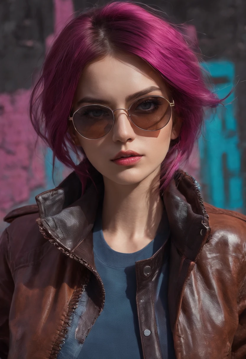 (dark shot:1.1), epic realistic, portrait of halo, female; athletic build, sunglasses, blue eyes, tartan scarf, (brown leather bomber jacket:1.2), (tight fitting, black, see thru tank-top:1.1) auburn hair by atey ghailan, by greg rutkowski, by greg tocchini, by james gilleard, by joe fenton, gradient yellow, black, brown and magenta color scheme, grunge aesthetic!!! graffiti tag wall background, art by greg rutkowski and artgerm, soft cinematic light, adobe lightroom, photolab, hdr, intricate, highly detailed, (depth of field:1.4), faded, (neutral colors:1.2), (hdr:1.4), (muted colors:1.2), hyperdetailed, (artstation:1.4), cinematic, warm lights, dramatic light, (intricate details:1.1), complex background, (rutkowski:0.66), (teal and orange:0.4)