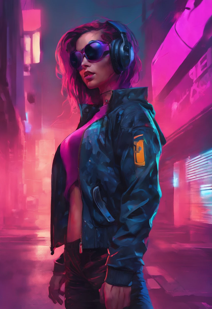 akudama drive style, a woman in sunglasses, synthwave art style, cyberpunk vibe, retrowave vibes, cyberpunk art style, mecanical face, bright cyberpunk glow, synthwave art style, cyberpunk vibes, Intricately Detailed Splash Art Triadic Color Trend Artstation Unreal Engine 5 Volumetric Lighting, Gothic , High resolution, close-up, ambient light, Nikon 15mm f/1.8G, by GIlSam-paio octane rendering depicting innovation and truth, full body, 8k, by Lee Jeffries, Alessio Albi, Adrian Kuipers, glamour, intricate detailed environment, lace, smudges , dark watercolor background, masterpiece, ornate, depth, 80's