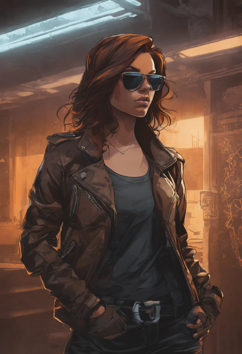 (dark shot:1.1), epic realistic, portrait of halo, female; athletic build, sunglasses, blue eyes, tartan scarf, (brown leather bomber jacket:1.2), (tight fitting, black, see thru tank-top:1.1) auburn hair by atey ghailan, by greg rutkowski, by greg tocchini, by james gilleard, by joe fenton, gradient yellow, black, brown and magenta color scheme, grunge aesthetic!!! graffiti tag wall background, art by greg rutkowski and artgerm, soft cinematic light, adobe lightroom, photolab, hdr, intricate, highly detailed, (depth of field:1.4), faded, (neutral colors:1.2), (hdr:1.4), (muted colors:1.2), hyperdetailed, (artstation:1.4), cinematic, warm lights, dramatic light, (intricate details:1.1), complex background, (rutkowski:0.66), (teal and orange:0.4)