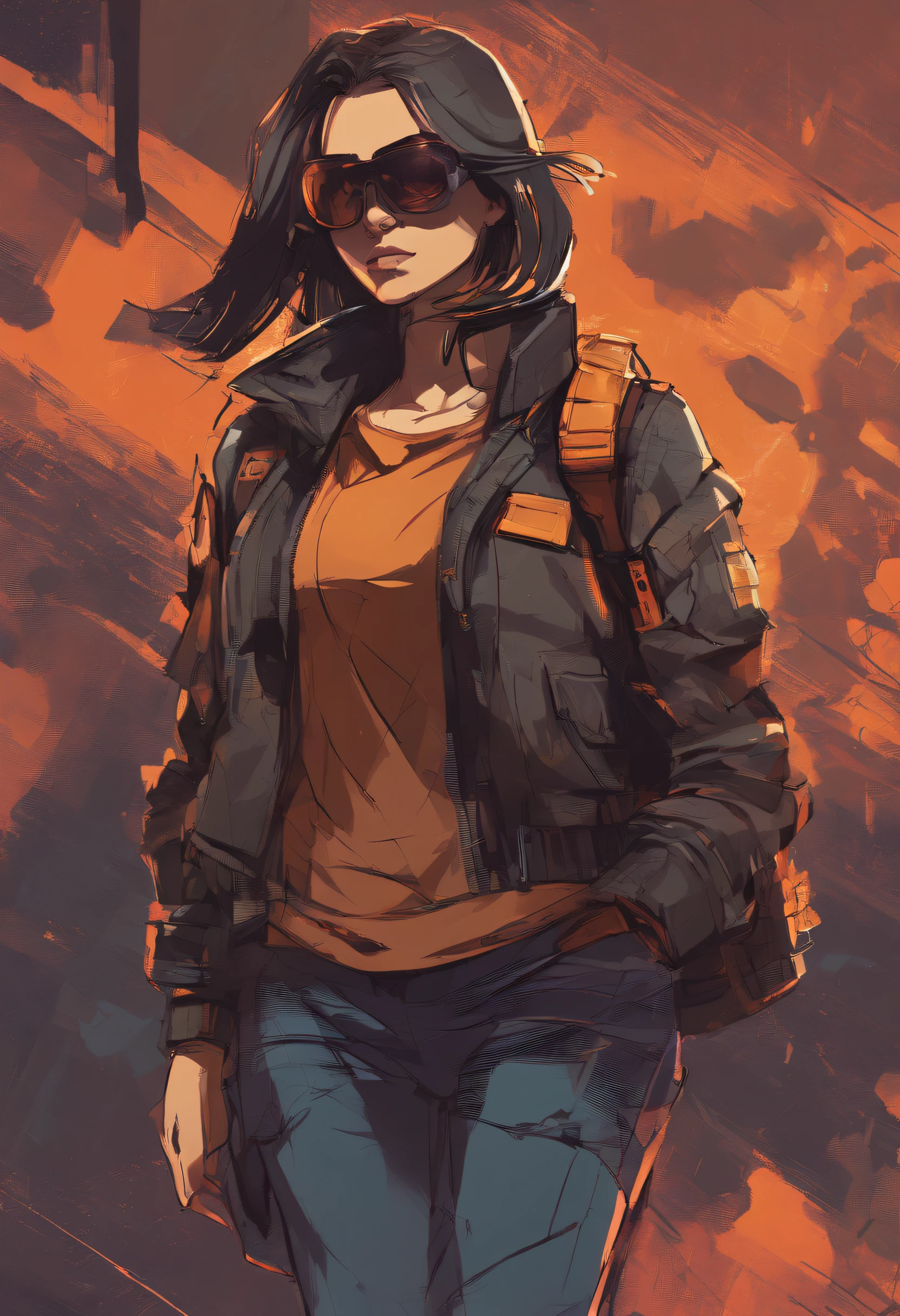 (dark shot:1.1), epic realistic, portrait of halo, female; athletic build, sunglasses, blue eyes, tartan scarf, (brown leather bomber jacket:1.2), (tight fitting, black, see thru tank-top:1.1) auburn hair by atey ghailan, by greg rutkowski, by greg tocchini, by james gilleard, by joe fenton, gradient yellow, black, brown and magenta color scheme, grunge aesthetic!!! graffiti tag wall background, art by greg rutkowski and artgerm, soft cinematic light, adobe lightroom, photolab, hdr, intricate, highly detailed, (depth of field:1.4), faded, (neutral colors:1.2), (hdr:1.4), (muted colors:1.2), hyperdetailed, (artstation:1.4), cinematic, warm lights, dramatic light, (intricate details:1.1), complex background, (rutkowski:0.66), (teal and orange:0.4)