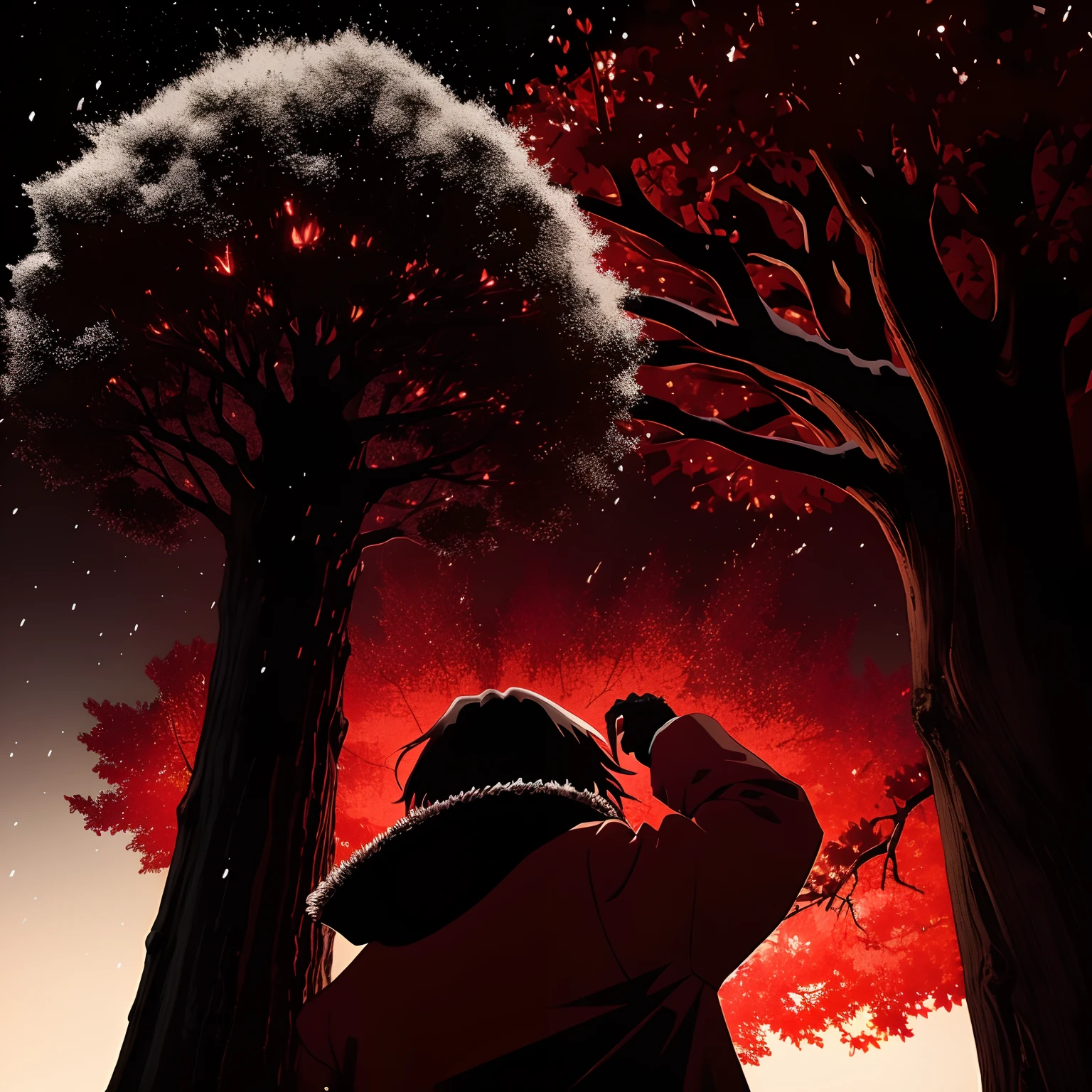 art of Akira Asai under a tree at night, (1girl), manga style, (red and black), silhouette, tree, (fire), lights, sharp contrast, (dark), windy, (winter), scarf, coat, small pupils, monochrome, anime style