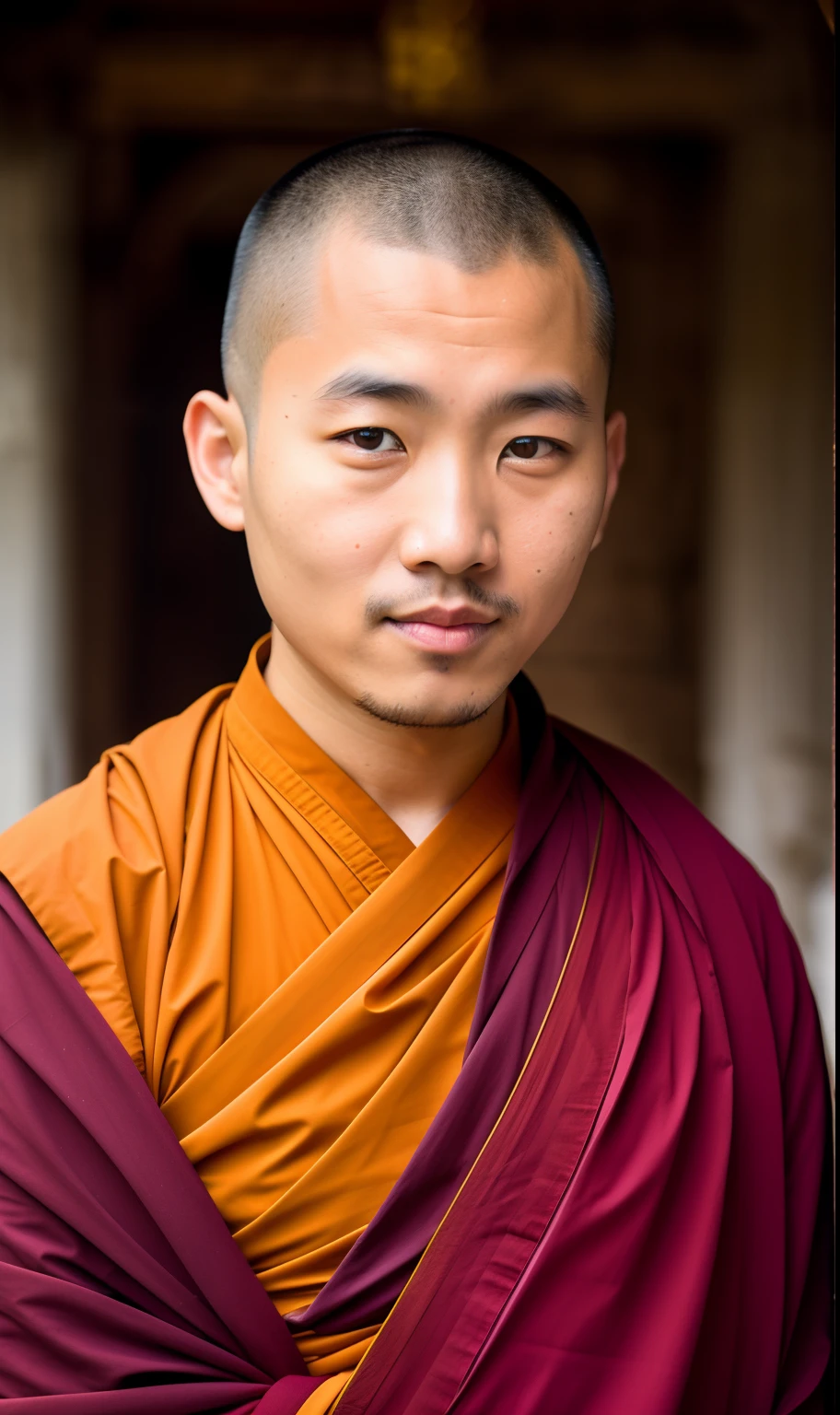 photo of a Buddhist monk, detailed monk outfit, face, half body, highly detailed skin, skin pores, monastery, 8k uhd, Dslr, soft lighting, high quality, film grain, Fujifilm XT3