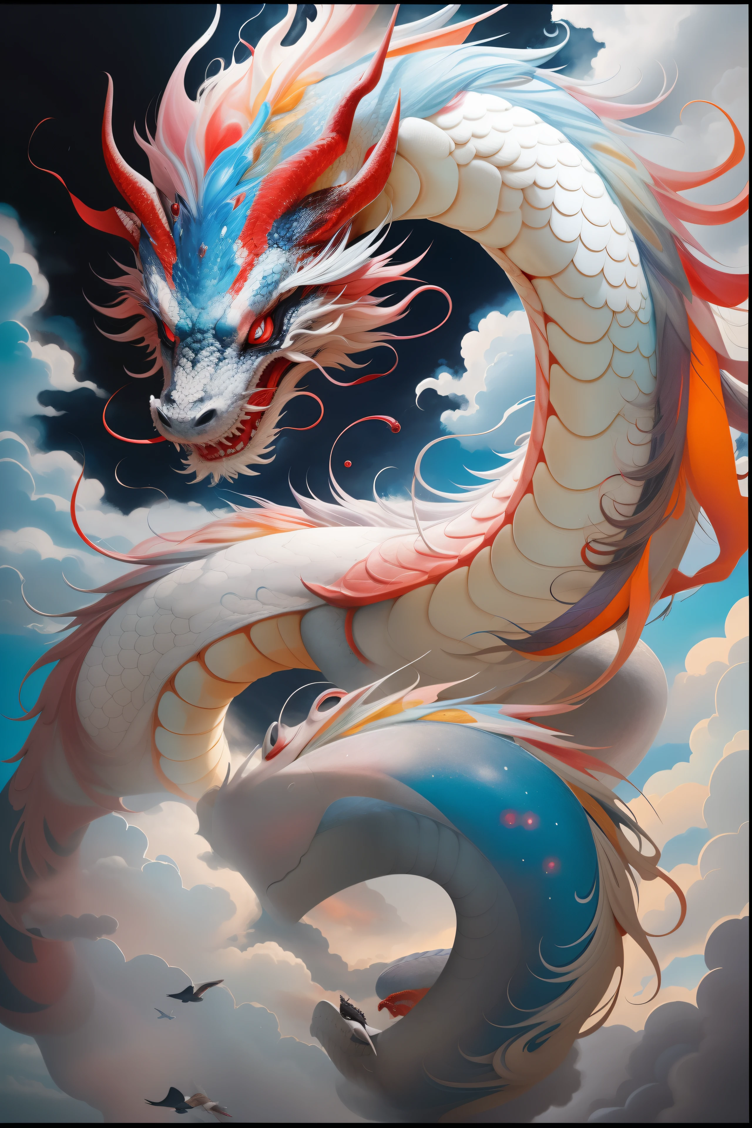 There is a dragon flying in the sky, cyan Chinese Dragon fantasy, A dragon made of clouds, Dragon in the Sky, Chinese Dragon concept art, Lung Dragon, Dragon Oil Painting, Majestic Japanese Dragon, Flying Dragon, Dragon Art, smooth Chinese Dragon, Dragon shaped cloud, Flying Dragon, Chinese Dragon