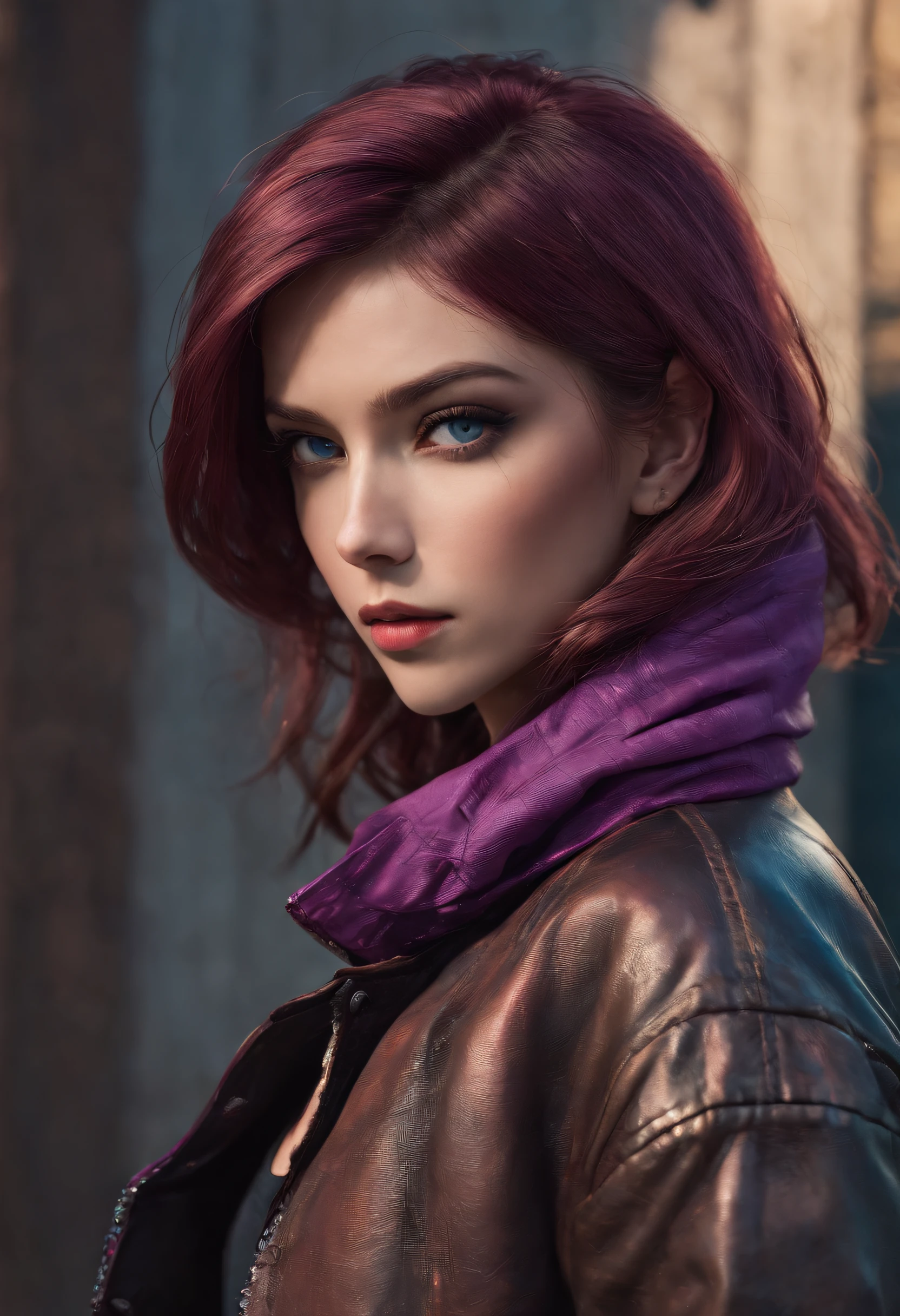 (dark shot:1.1), epic realistic, portrait of halo, female; athletic build, sunglasses, blue eyes, tartan scarf, (brown leather bomber jacket:1.2), (tight fitting, black, see thru tank-top:1.1) auburn hair by atey ghailan, by greg rutkowski, by greg tocchini, by james gilleard, by joe fenton, gradient yellow, black, brown and magenta color scheme, grunge aesthetic!!! graffiti tag wall background, art by greg rutkowski and artgerm, soft cinematic light, adobe lightroom, photolab, hdr, intricate, highly detailed, (depth of field:1.4), faded, (neutral colors:1.2), (hdr:1.4), (muted colors:1.2), hyperdetailed, (artstation:1.4), cinematic, warm lights, dramatic light, (intricate details:1.1), complex background, (rutkowski:0.66), (teal and orange:0.4)