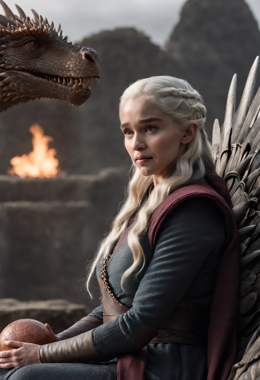 Por favor, crie um desenho impressionante que represente Daenerys Targaryen sentada no Trono de Ferro, With dragon eggs by your side. The image should highlight Daenerys' majesty and the importance of dragon eggs in her journey. Certifique-se de capturar todos os detalhes, from the expression on Daenerys' face to the texture of dragon eggs. Use colors and shadows to enhance the magical and iconic atmosphere of this scene from Game of Thrones.
