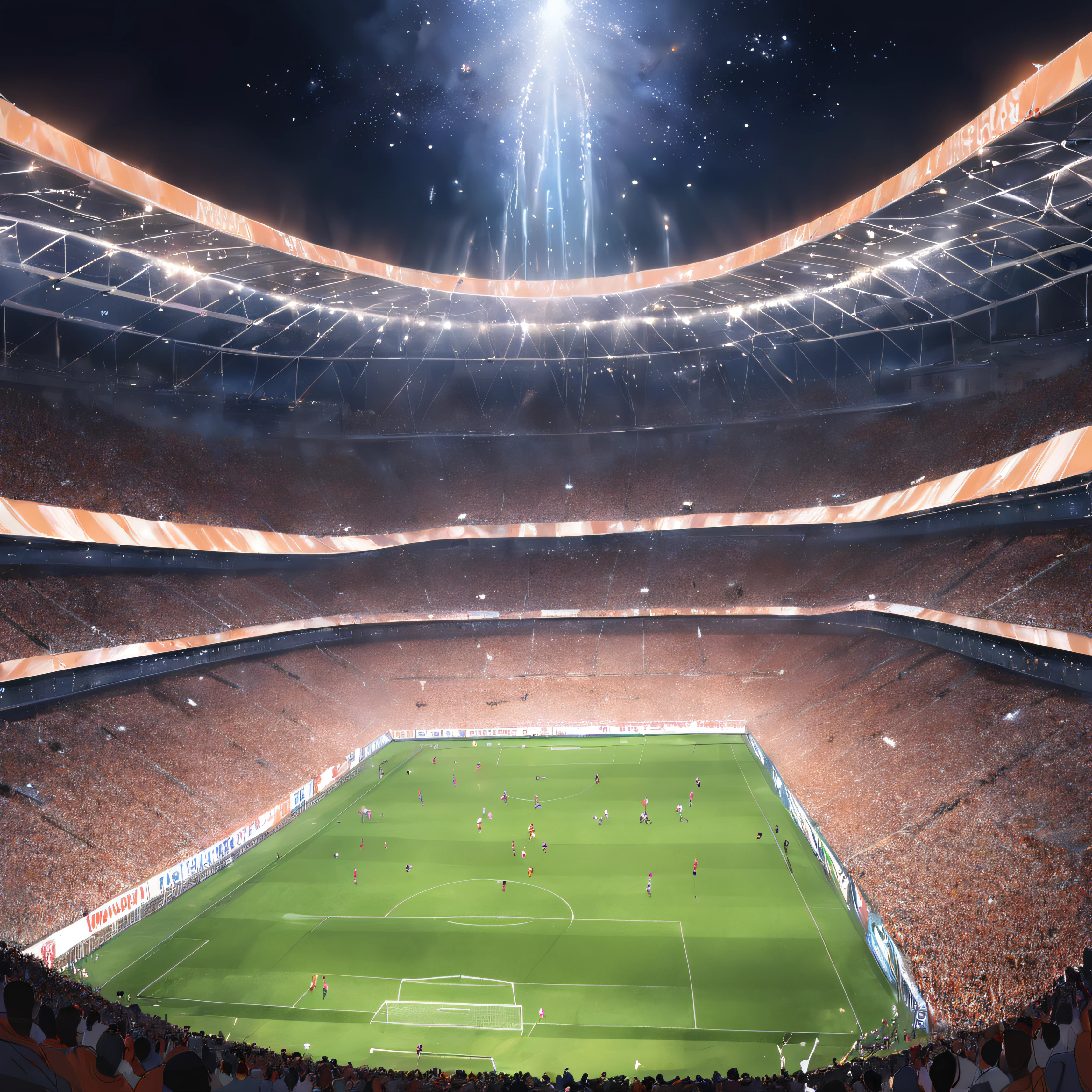 crie uma visao de dentro de um campo de futebol, um jogador olhando pra torcida, torcida realista, bandeiras, fogos, foco