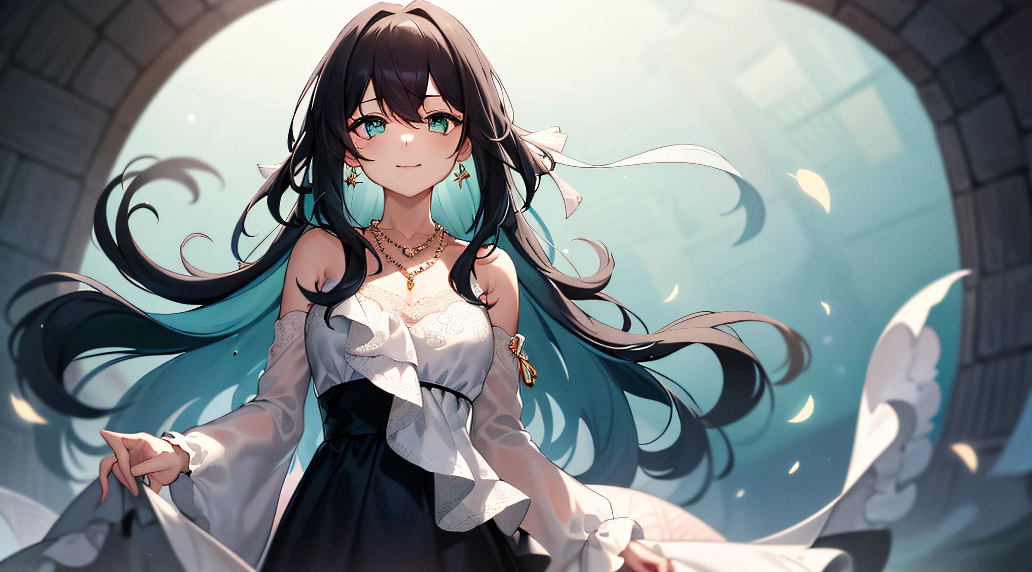 Girl depicted using long, black hair, stylized in a smooth cascade. Her eyes are velvety black, And in them you can see a subtle play of light, Gives the eyes a natural shine. She is wearing a dress with floral patterns, made in pastel shades of blue and turquoise. Likewise, There are a few small ones, But notable accessories are earrings in the shape of seashells and a delicate necklace with pearls. Her gaze is a mixture of peace and curiosity, as well as a small smile, which gives her a way of lightness and life. This moment is recorded as an act of inspiration and joy, which can be conveyed in art.