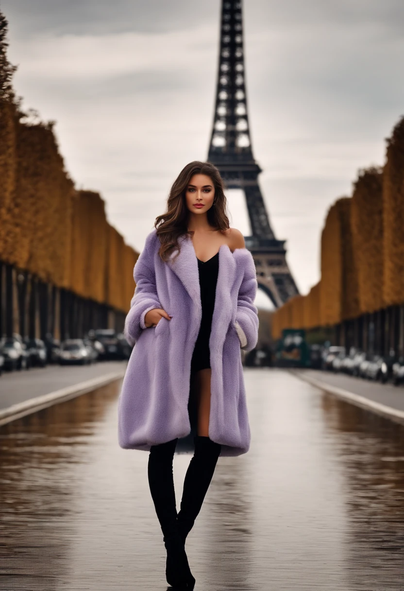 Completely attractive woman, Devant la Tour Eiffel, avec un manteau de fourrure, fille sexy aux yeux bruns, ultra realist, Meticulously detailed, Portrait Sophie Mudd, cheveux bruns et grands yeux, selfie of a young woman, Yeux de chambre, Violet Myers, sans maquillage, maquillage naturel, looking straight at camera, Visage avec Artgram, Maquillage subtil, Great photo of the whole body kneeling on the bed, dans la chambre, Medium to large bust