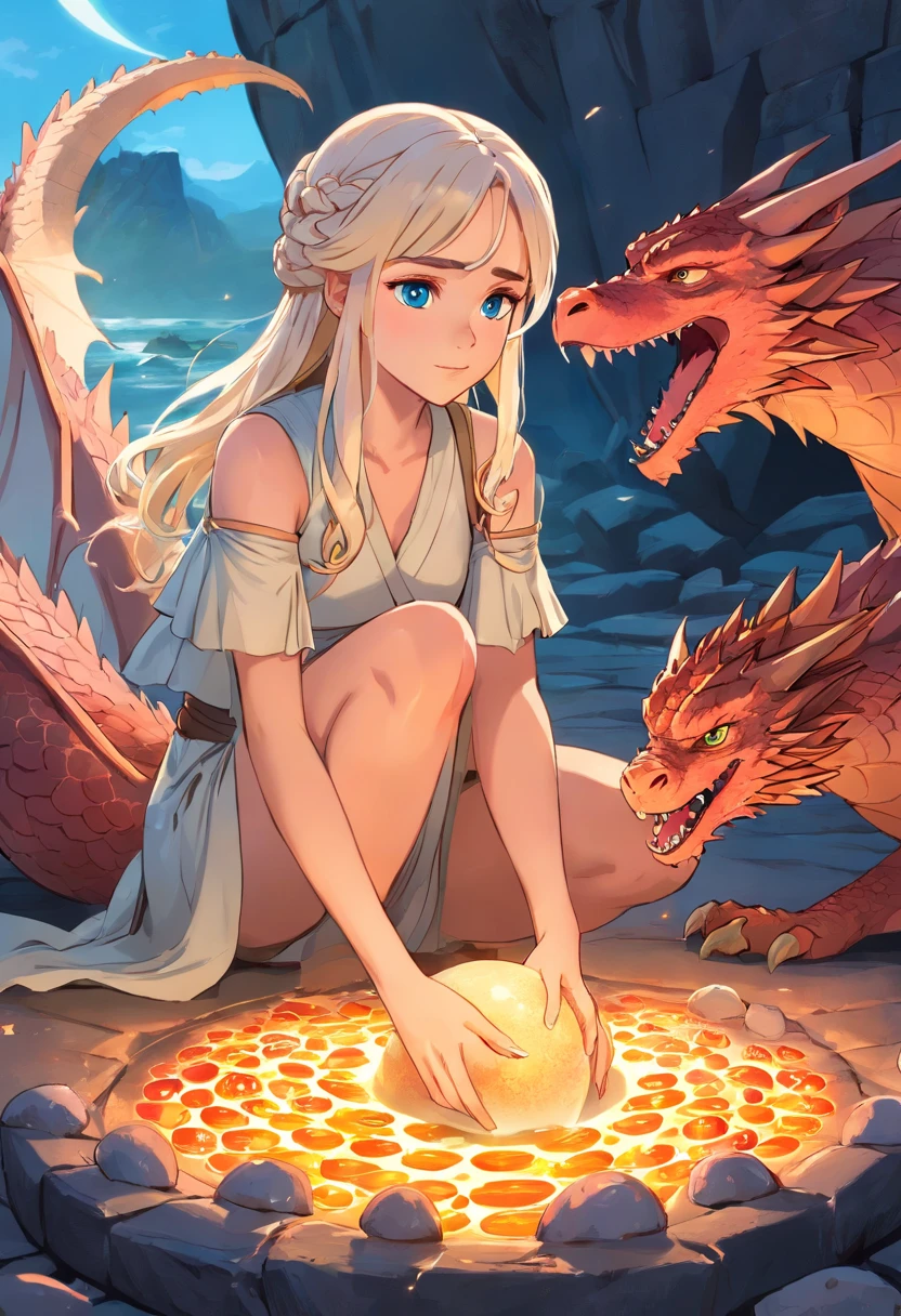 Por favor, crie um desenho impressionante que represente Daenerys Targaryen sentada no Trono de Ferro, With dragon eggs by your side. The image should highlight Daenerys' majesty and the importance of dragon eggs in her journey. Certifique-se de capturar todos os detalhes, from the expression on Daenerys' face to the texture of dragon eggs. Use colors and shadows to enhance the magical and iconic atmosphere of this scene from Game of Thrones.