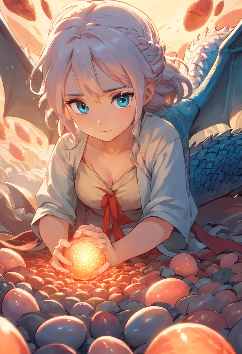 Por favor, crie um desenho impressionante que represente Daenerys Targaryen sentada no Trono de Ferro, With dragon eggs by your side. The image should highlight Daenerys' majesty and the importance of dragon eggs in her journey. Certifique-se de capturar todos os detalhes, from the expression on Daenerys' face to the texture of dragon eggs. Use colors and shadows to enhance the magical and iconic atmosphere of this scene from Game of Thrones.