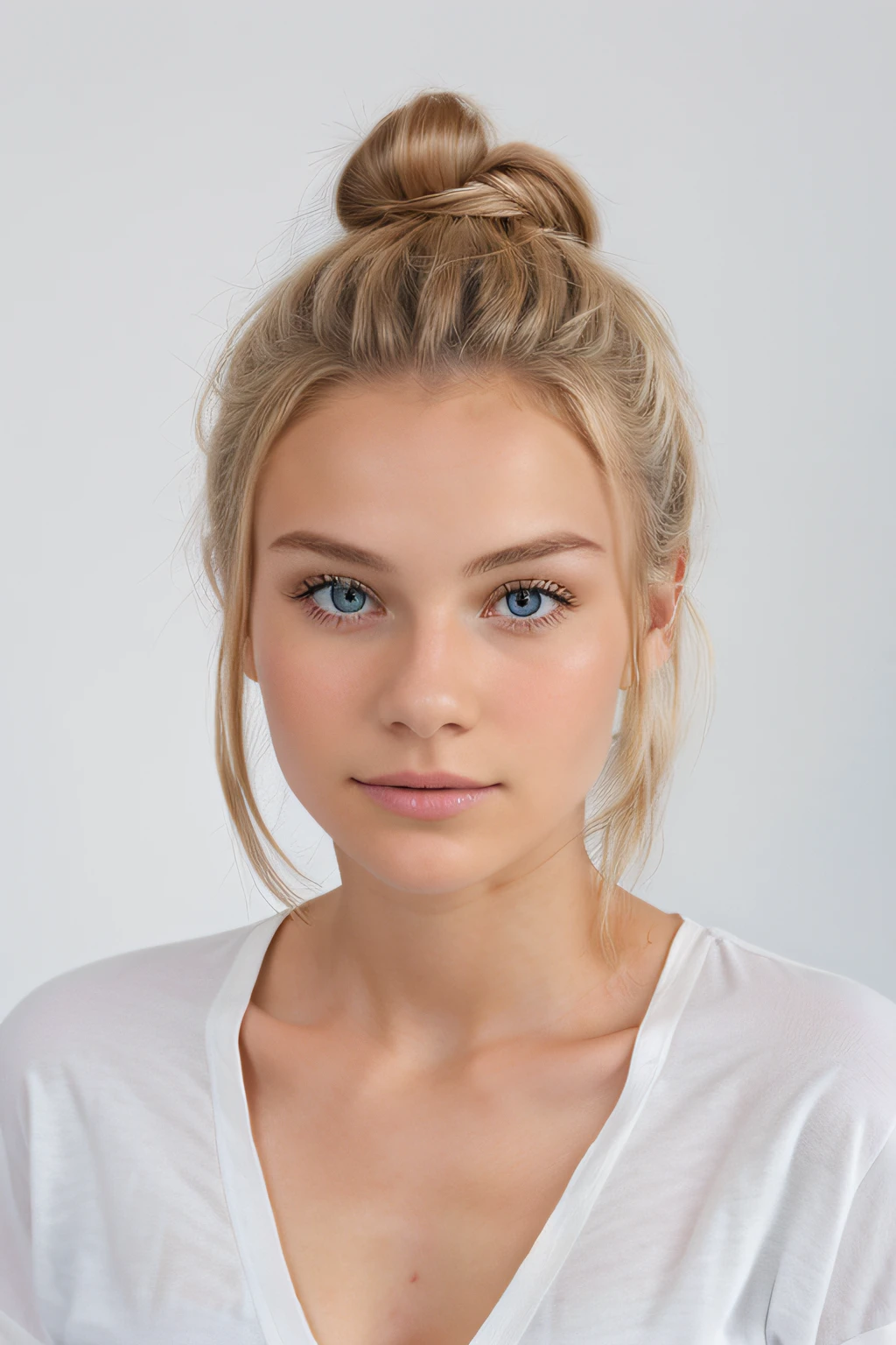 Passport photo of a 19-year-old blonde, facing camera, hair tied up, pas de cheveux devant le visage, white background