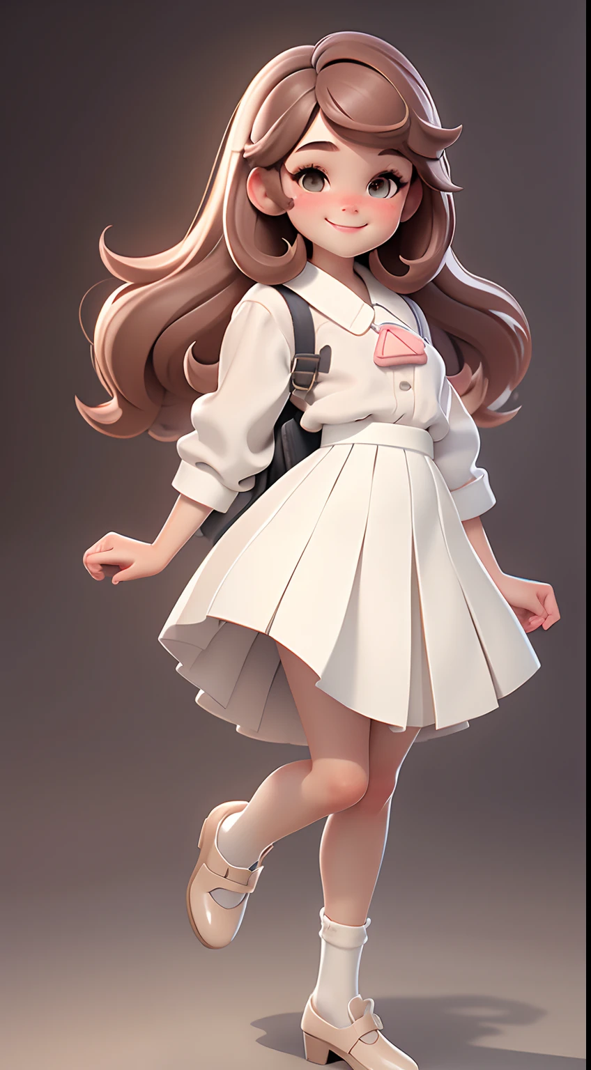 masterpiece, best quality, detailed face, bright eyes, detailed nose, 1 cute girl smiling, white schoolgirl skirt, stand up, brown hair, young pretty gravure idol, (white socks), PUMPS, of a youthful girl, ((full body)), Be sure to add shadows, textures and details to the hair, clothes,