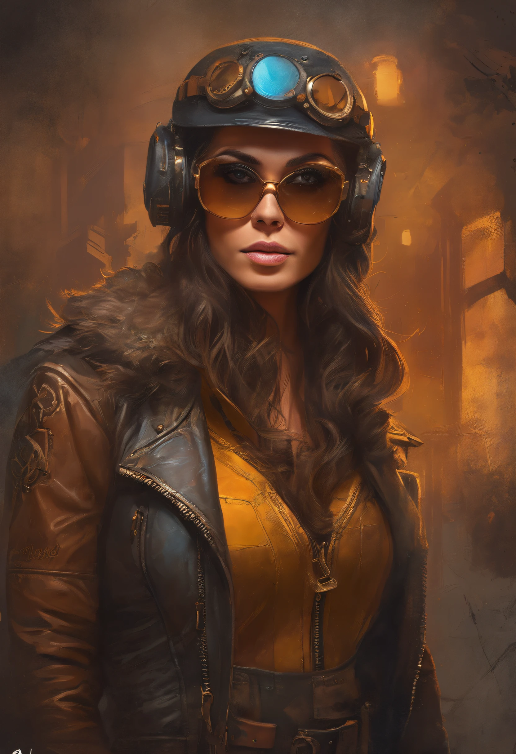 (dark shot:1.1), epic realistic, portrait of halo, female; athletic build, sunglasses, blue eyes, tartan scarf, (brown leather bomber jacket:1.2), (tight fitting, black, see thru tank-top:1.1) auburn hair by atey ghailan, by greg rutkowski, by greg tocchini, by james gilleard, by joe fenton, gradient yellow, black, brown and magenta color scheme, grunge aesthetic!!! graffiti tag wall background, art by greg rutkowski and artgerm, soft cinematic light, adobe lightroom, photolab, hdr, intricate, highly detailed, (depth of field:1.4), faded, (neutral colors:1.2), (hdr:1.4), (muted colors:1.2), hyperdetailed, (artstation:1.4), cinematic, warm lights, dramatic light, (intricate details:1.1), complex background, (rutkowski:0.66), (teal and orange:0.4)