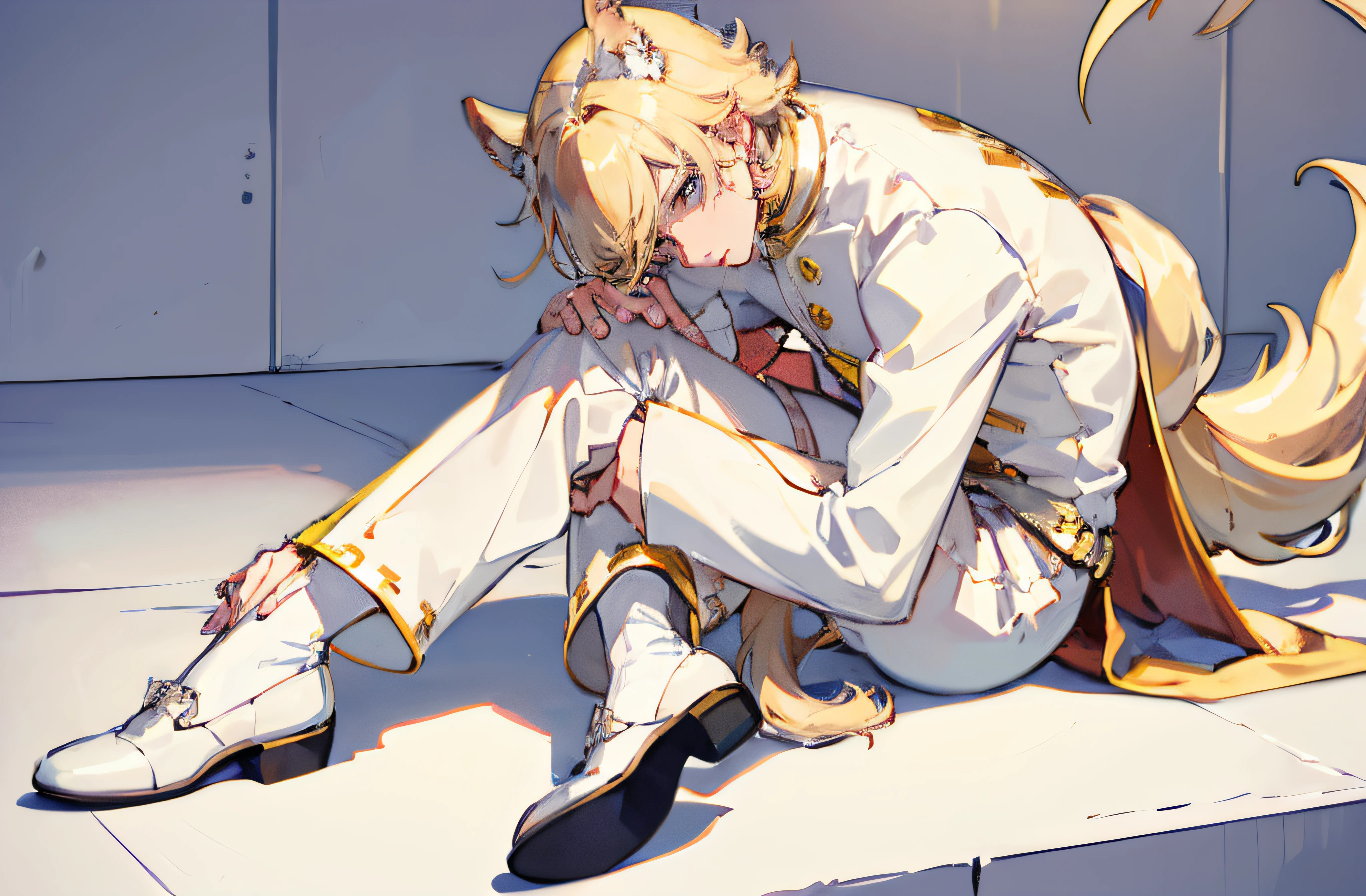 High quality, Masterpiece, Top quality, Super detail, illustration,male people,hugging his knees